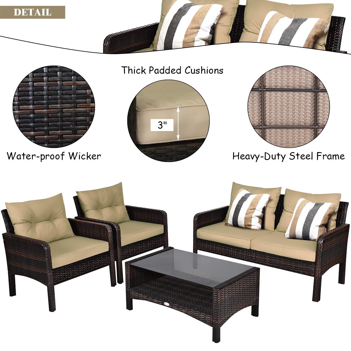 Tangkula 4 Piece Patio Furniture Set, Outdoor Wicker Conversation Set with Glass Top Coffee Table, All Weather Proof and Thick Cushions, Suitable for Porch, Garden, Poolside and Lawn (Brown)