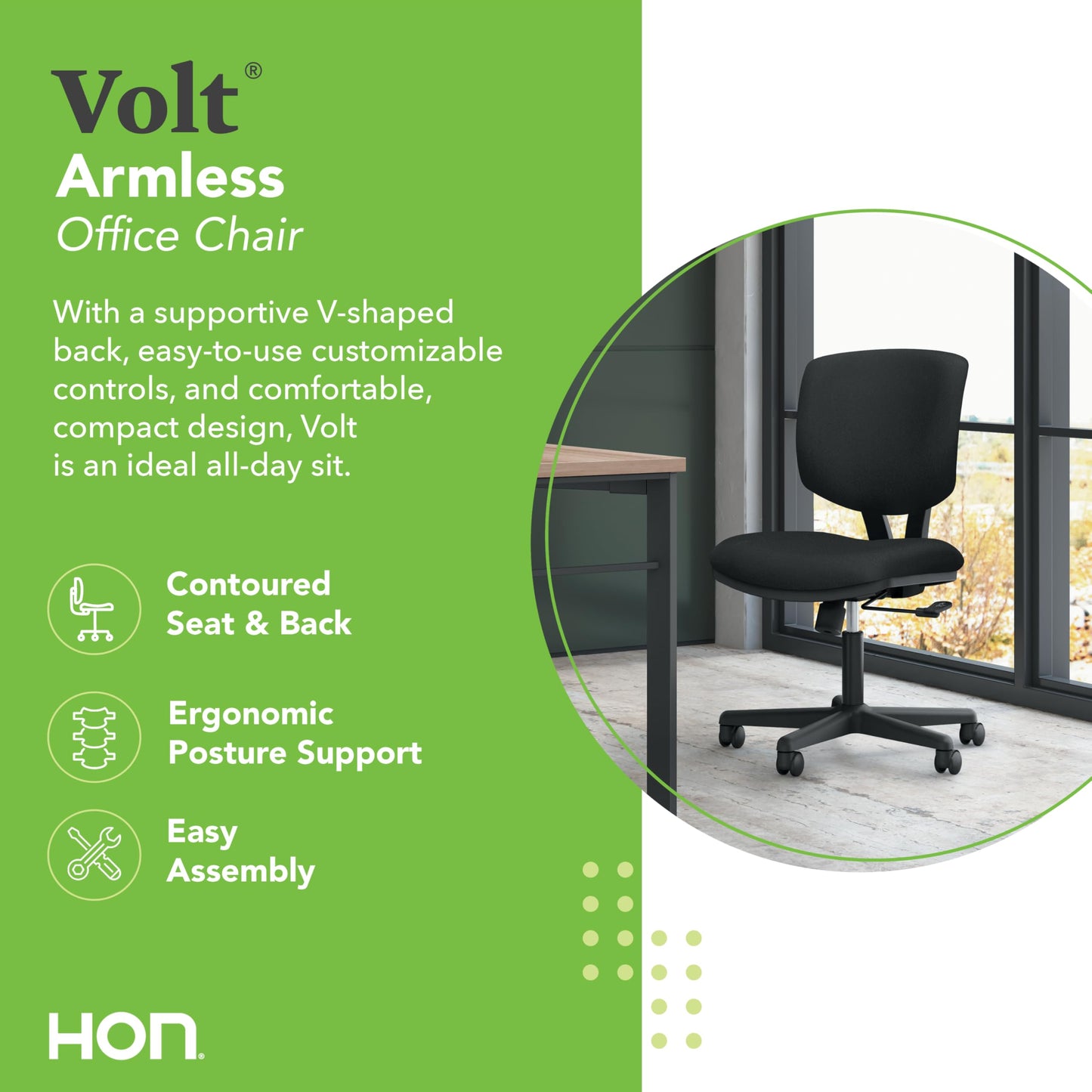 HON Volt Ergonomic Office Chair with Fabric Seat and Back, Armless Desk and Computer Chair with Adjustable Center‑Tilt Recline and Wheels for Home Office or Workstation, Black