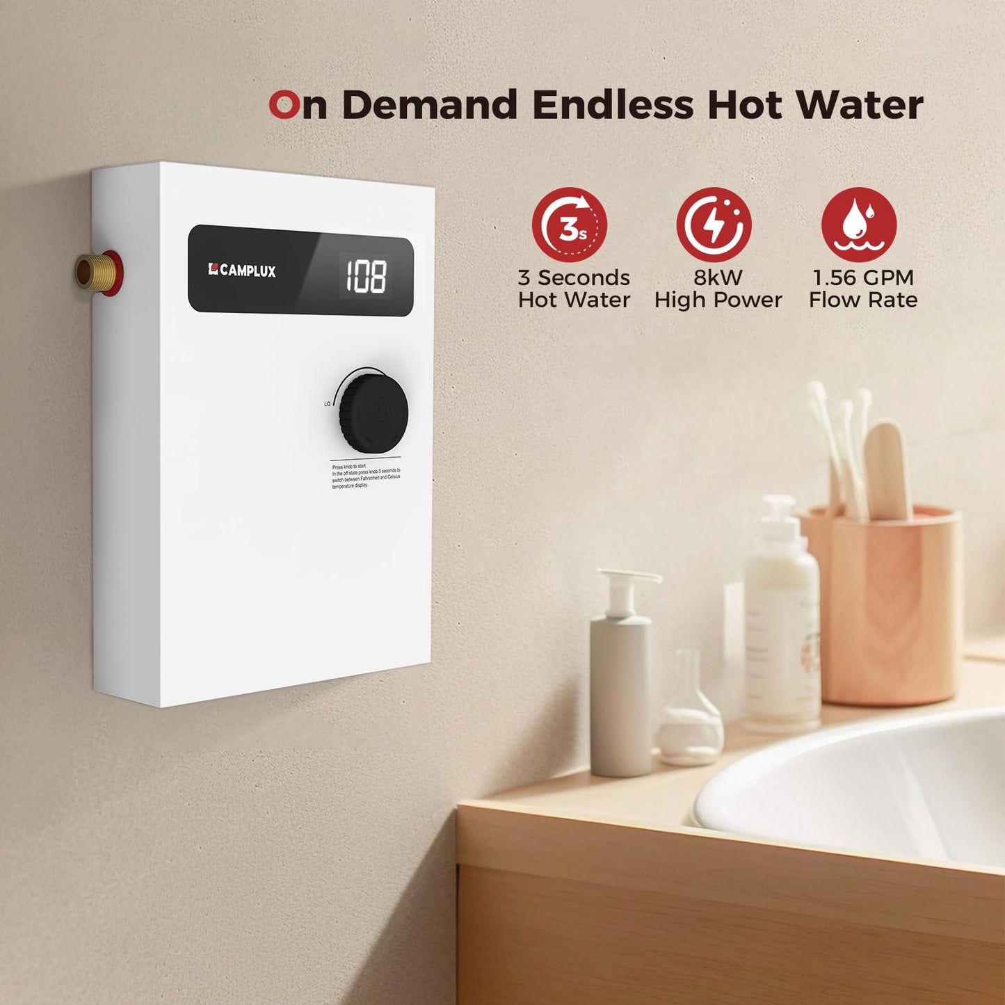 CAMPLUX Tankless Water Heater Electric 8kW 240 Volt, On Demand Instant Hot Water Heater with Self-Modulating Save Energy, Point-of-Use Side Water Connection for Easier Installation, ETL Certificated