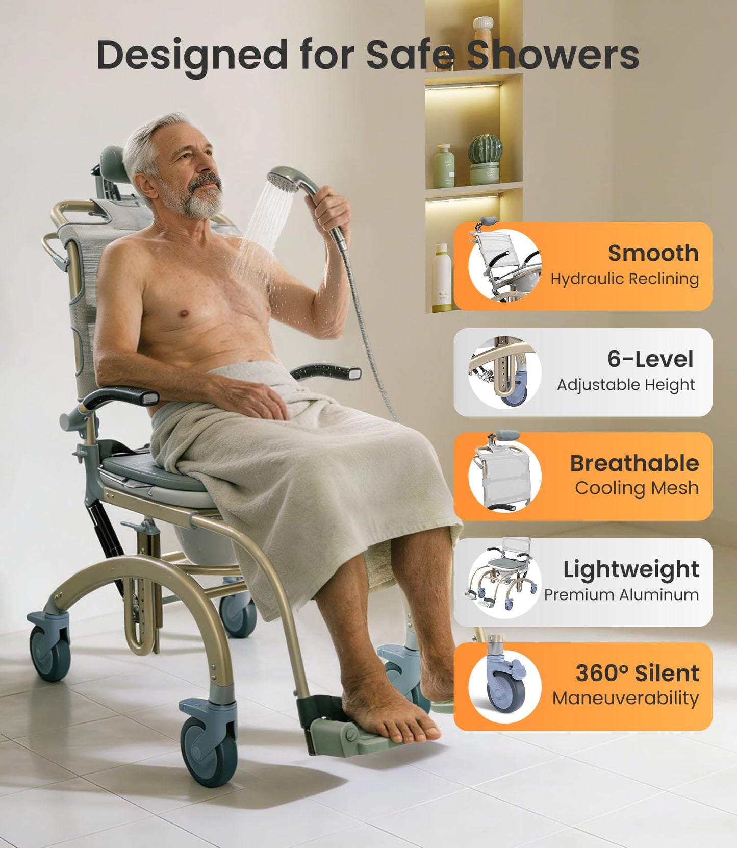 Vocic Reclining Shower Chair with Wheels for Elderly and Disabled, Height Adjustable Rolling Bath Chair with Drop Arms (300 lbs)