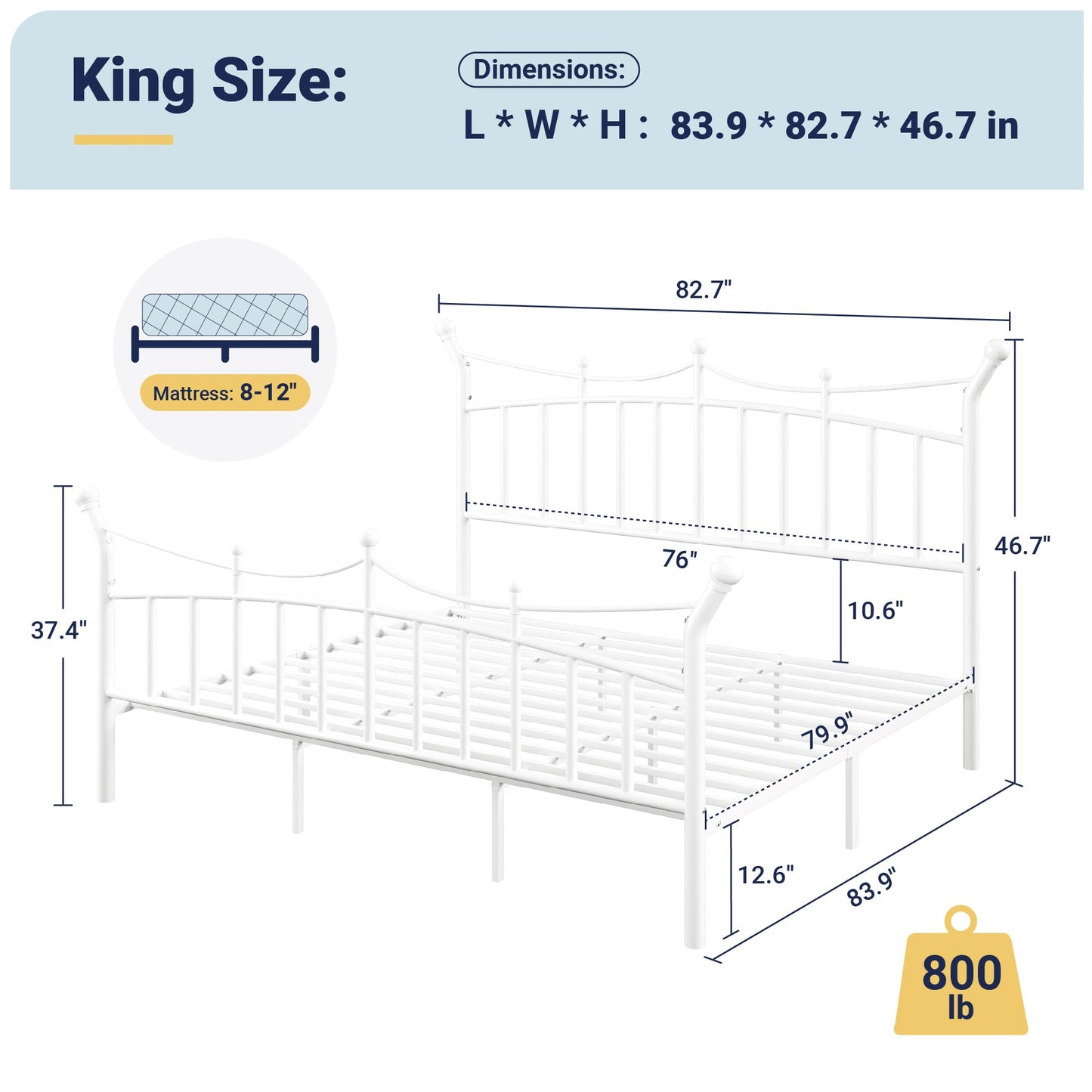 Allewie 14 Inches King Size Metal Platform Bed Frame with Elegant Crown Iron-Art Headboard & Footboard, Sturdy Mattress Foundation with Under-Bed Storage, Easy Assembly, No Box Spring Needed, White