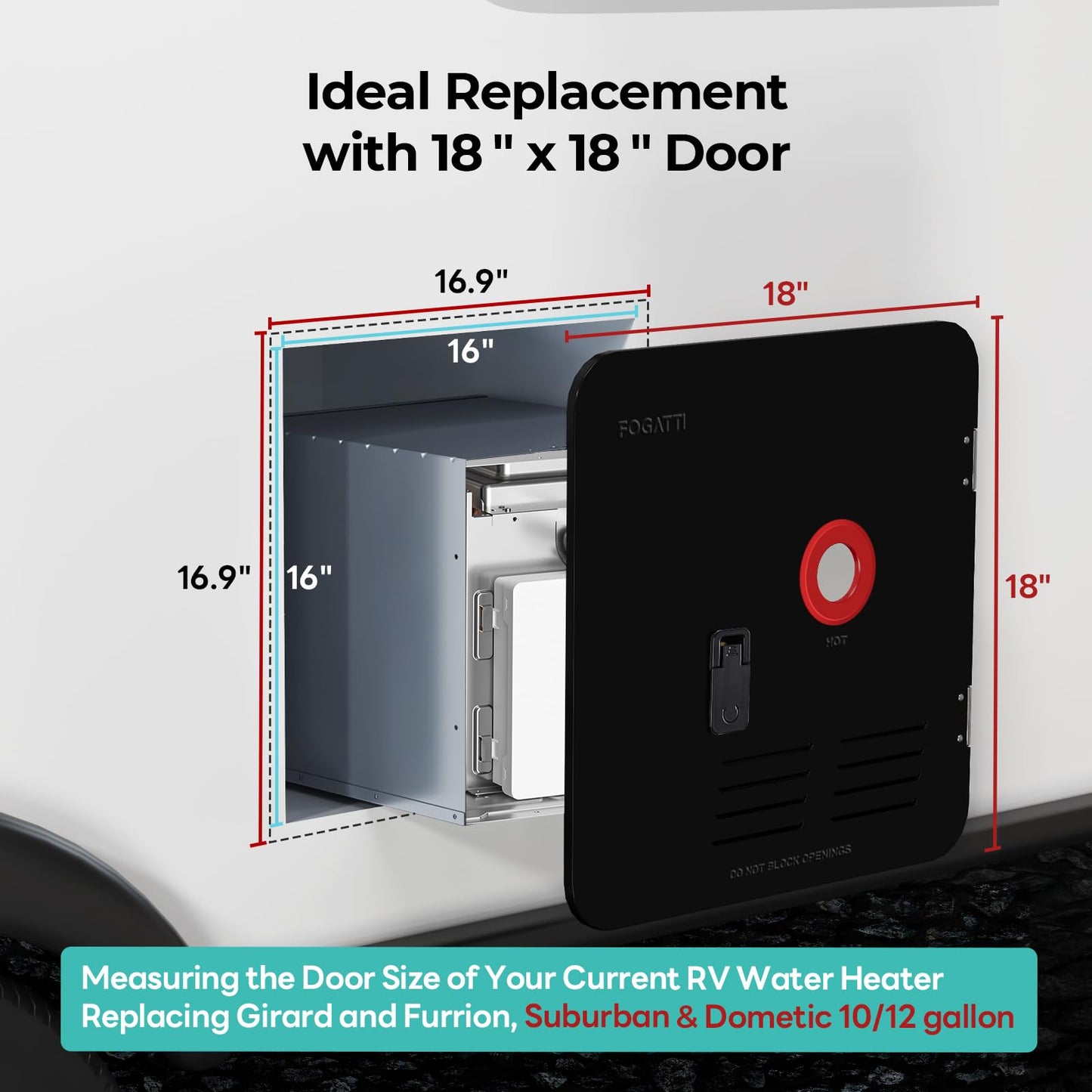 FOGATTI InstaShower 7 RV Tankless Water Heater, 3 Optional Door Sizes 15"x15", 15"x18" & 18"x18" for Refitment, 12V DC, Optimized Summer Comfort Performance, Ideal for RVers' Family Use, Gen 3