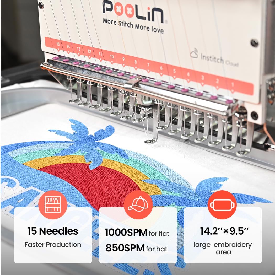 Poolin EOM 15-Needle Commercial Embroidery Machine,14.2"x9.5" Large Embroidery Area for Small Business User Friendly,for Hats,Cap & 3D Caps & Daily Orders,Auto Color Change & Trim,WiFi/USB Transfer