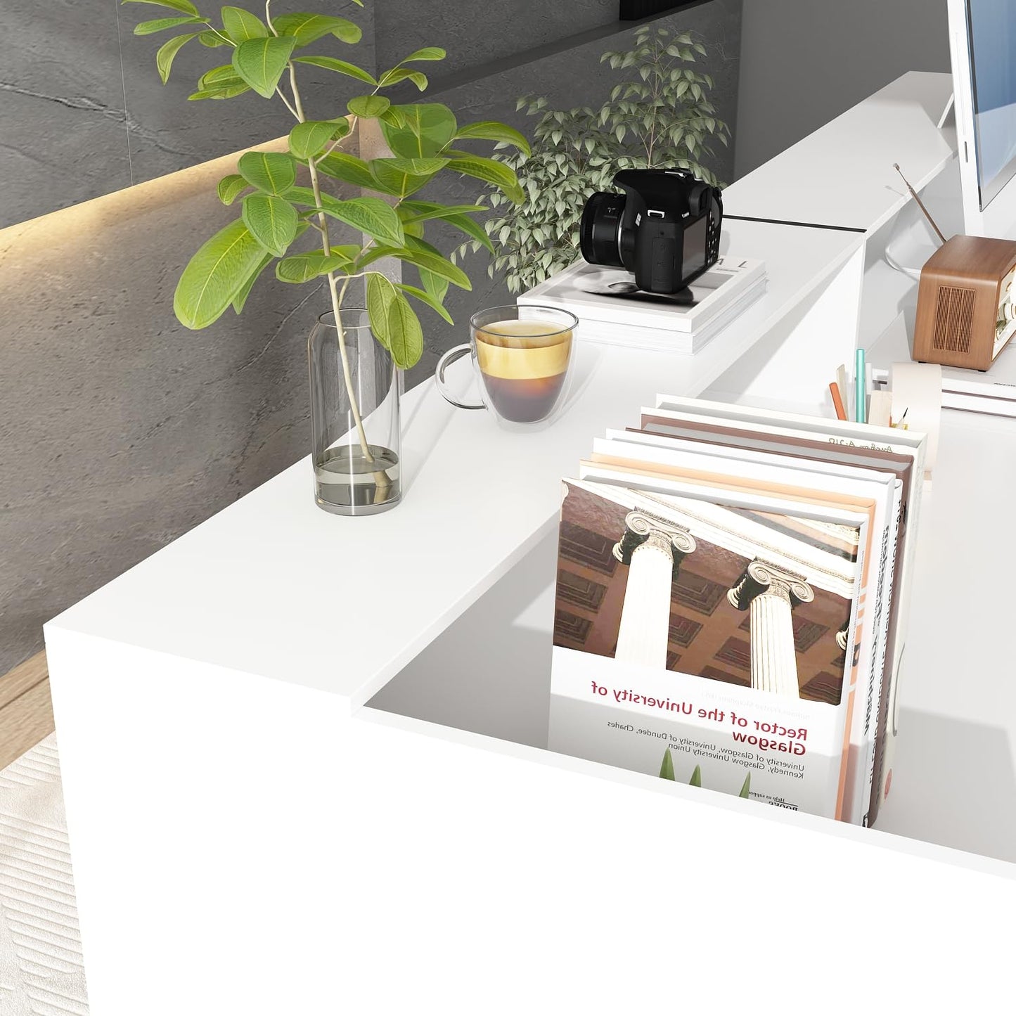 FAMAPY Reception Desk with Shelves, Modern Front Counter Table Checkout Retail Counter for Reception Room Lobby Shop, White and Black, 23.6”D x 86.6”W x 39.3”H