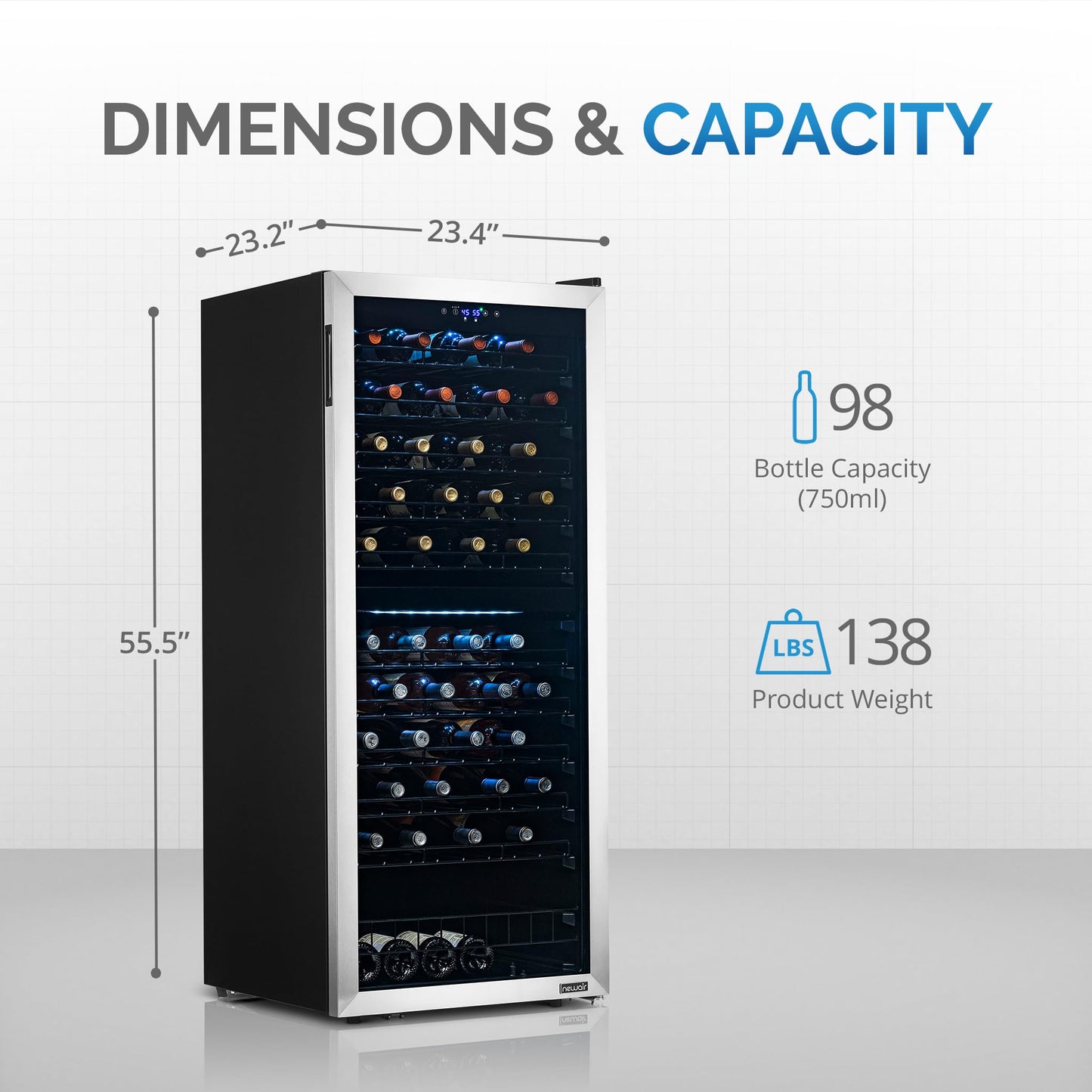 NewAir 24" Dual Zone Wine Fridge for 98 Bottles | Built-In or Freestanding Wine Cooler Refrigerator with Glass Door | Ultra-Quiet Inverter Compressor & Adjustable Racks | Stainless Steel