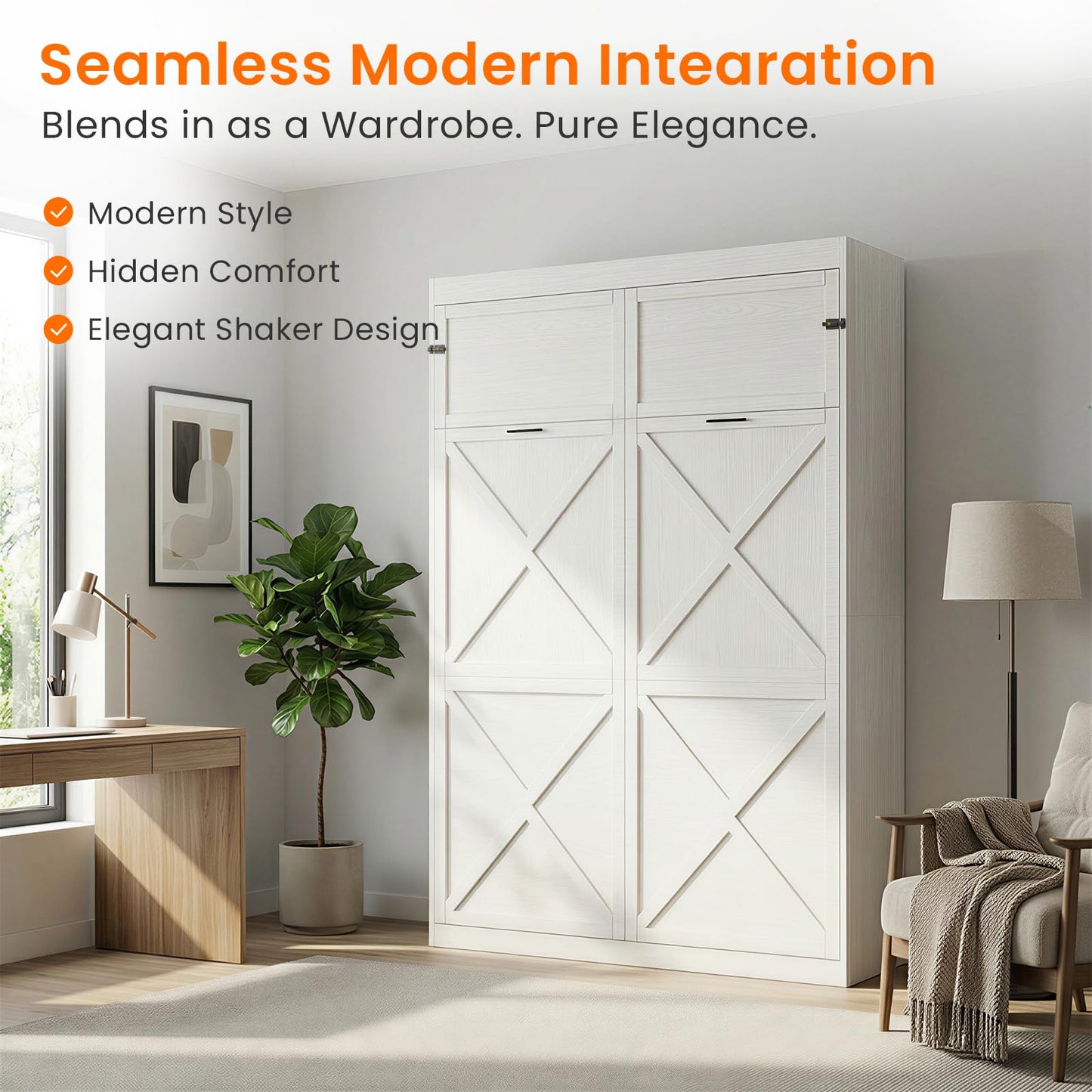 CECER Queen Size Wall Murphy Bed with LED Lights，Queen Murphy Cabinet Beds with Gas Struts，Space-Saving Wall Beds Cabinet Bed for Guest Room/Bedroom-White
