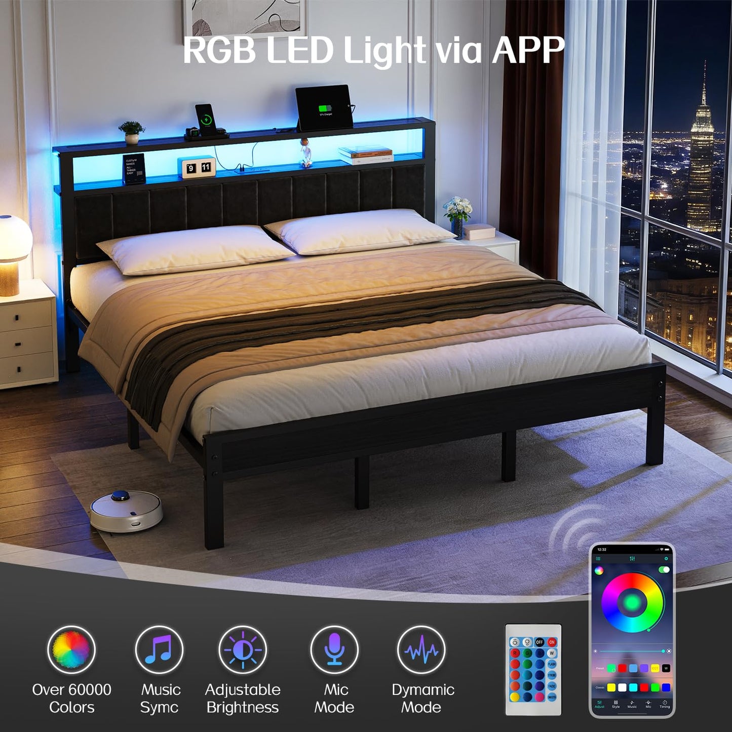 OLEVS King Bed Frame with Charging Station & LED Lights, Modern Platform Bed with Upholstered Storage Headboard, No Box Spring Needed Noise Free
