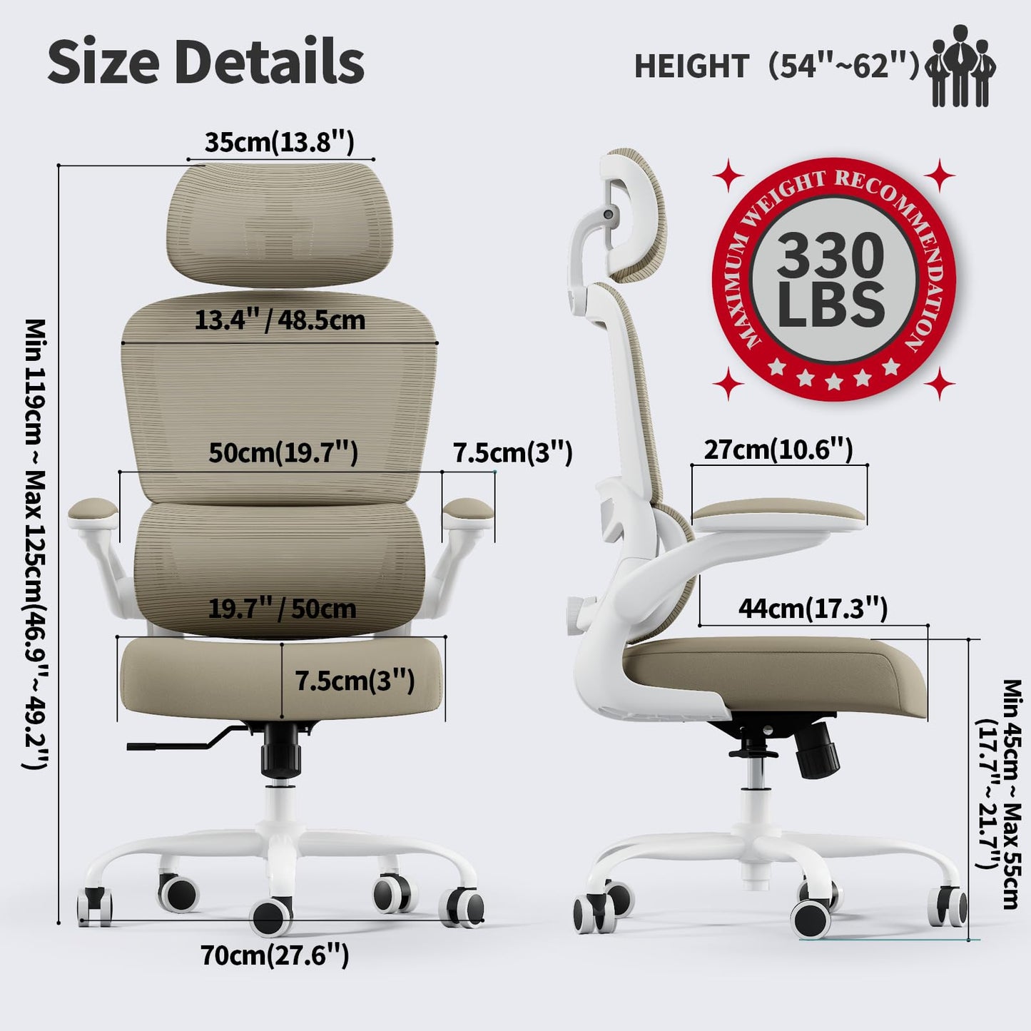TRALT Office Chair Ergonomic Desk Chair, 330 LBS Home Mesh Office Desk Chairs with Wheels, Comfortable Gaming Chairs (Khaki)