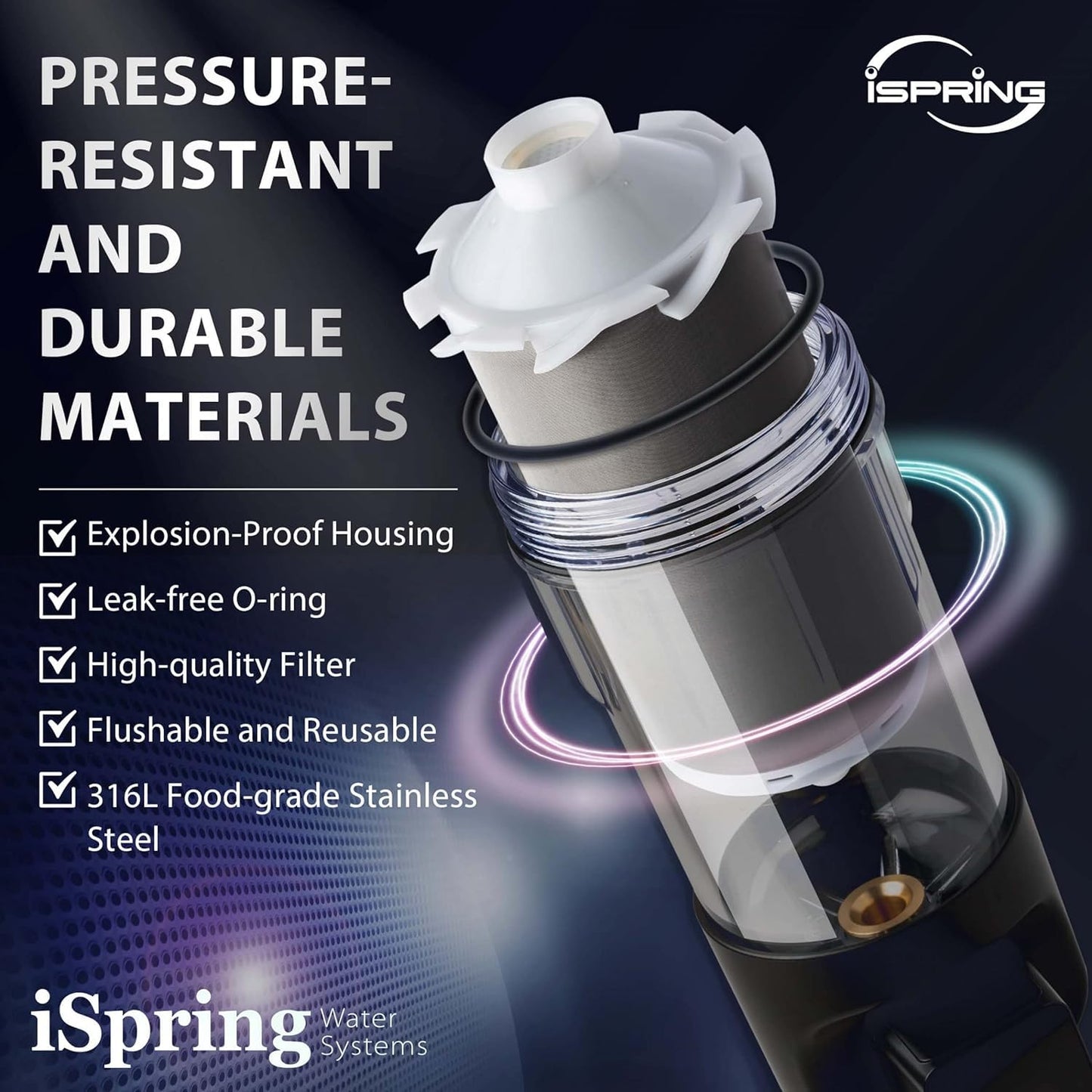 iSpring WSP50ARJ, NSF Certified, Spin-Down Sediment Water Filter, Upgraded Jumbo Size, Large Capacity, Reusable with Touch-Screen Auto Flushing Module, Brass Top Clear Housing, 50 Microns