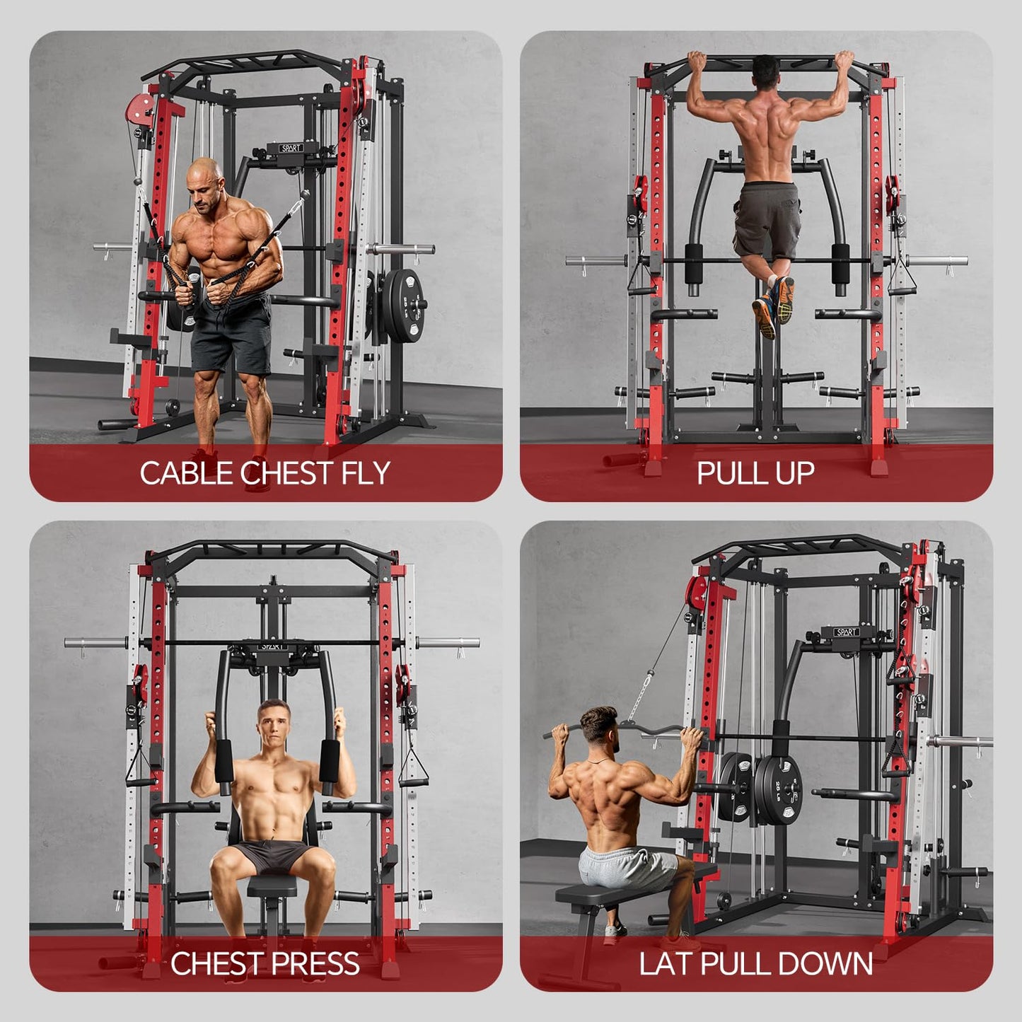 SPART Workout Station Angled Smith Machine with Bench,Cage System-Home Gym Multifunction Rack,Workout Equipment with Smithe Bar, LAT Pull-Down Systems, Cable Crossover Machine and Cable Attachment