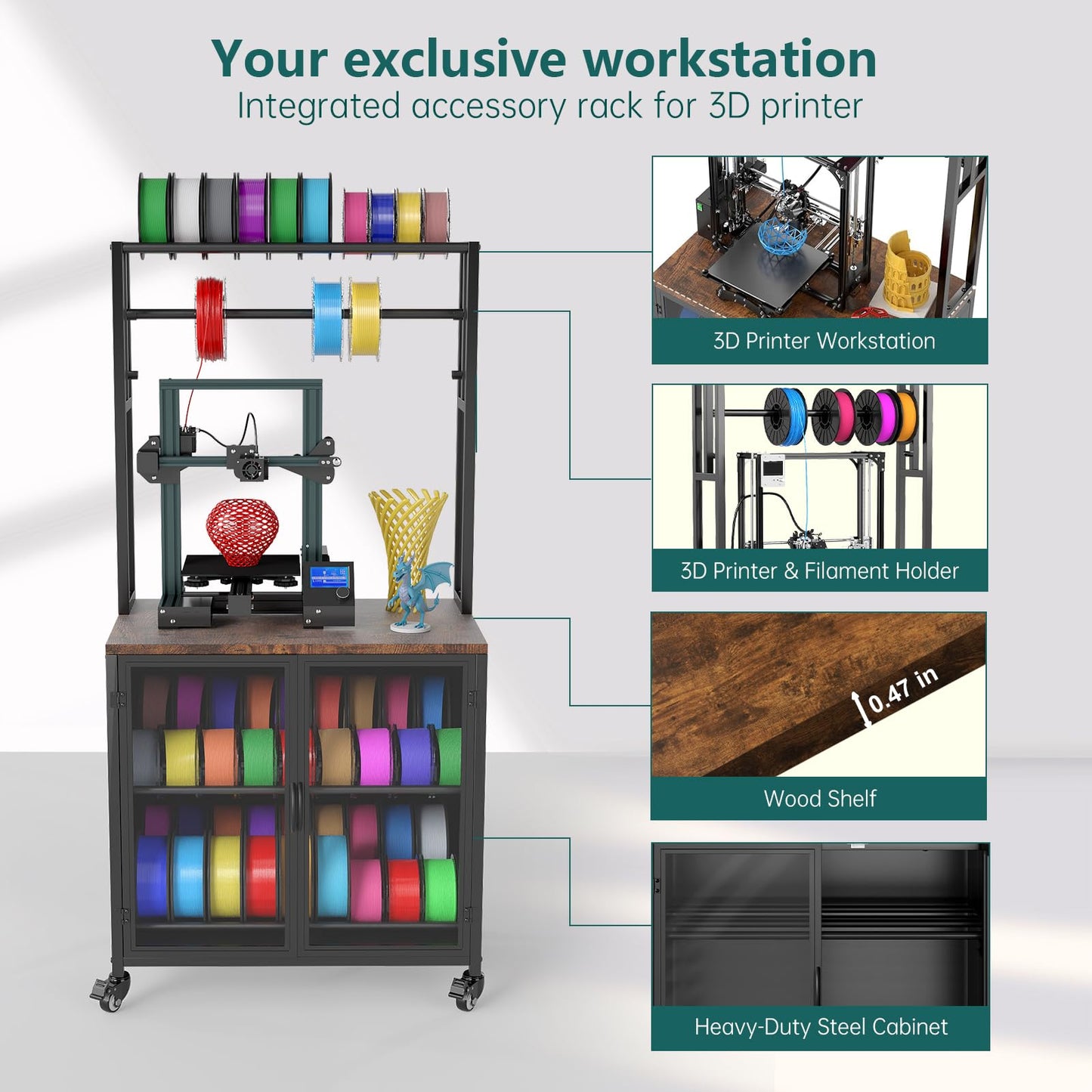 MASHELLY 3D Printer Stand with Filament Storage, 29.5" x 18.9" Dustproof and Moisture-Proof Heavy Duty Large 3D Printer Table Cart with 360°Rolling & Cabinet for Workshop Studio Office (Rustic Brown)