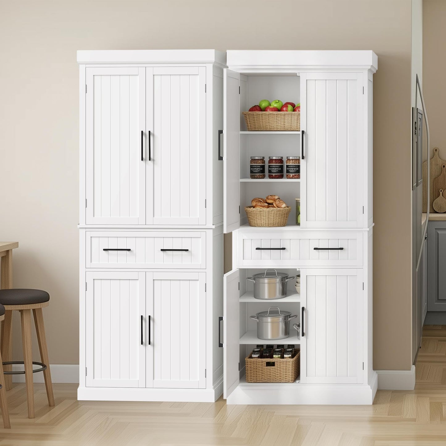 Yaheetech Kitchen Pantry Storage Cabinet with 4 Doors and 2 Adjustable Shelves, 72.5" Freestanding Tall Cupboard Cabinet with Drawer for Dining/Living Room, White