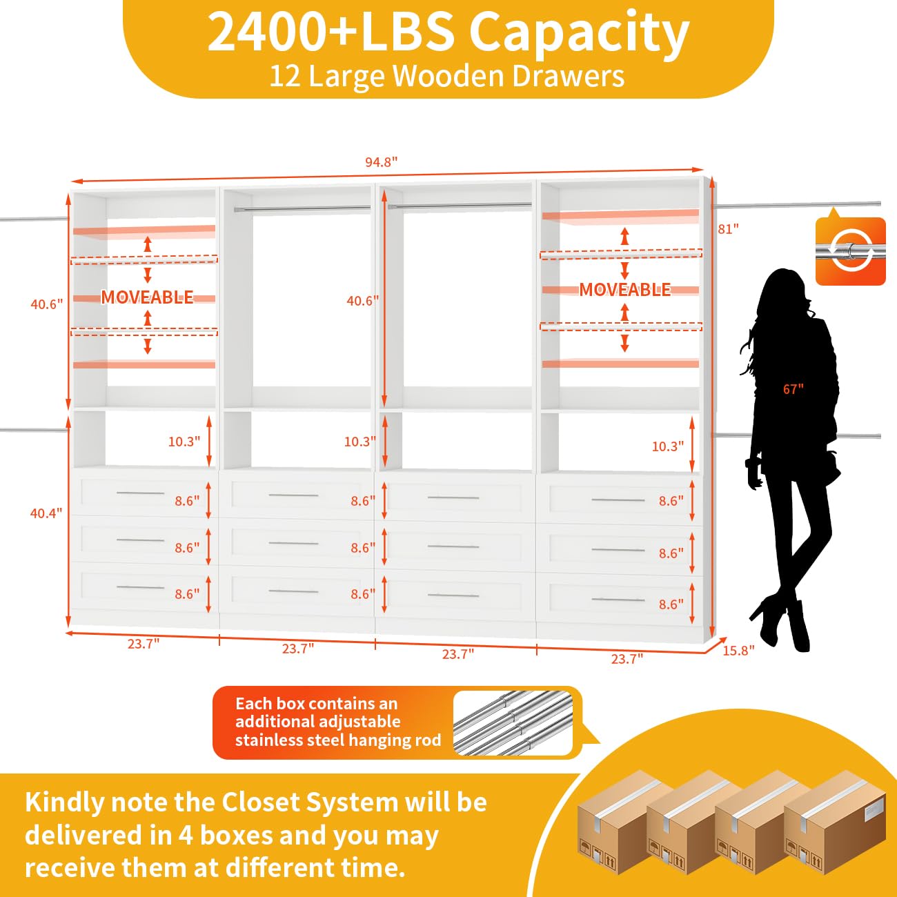 Secilix Closet System with 12 Drawers, 96" Wood Closet Organizer System, Walk-in Closet or Small Closet System with Shelves, Modular Closet Systems with 6 Expandable Hanging Rods, 4 Sets, White (8FT)
