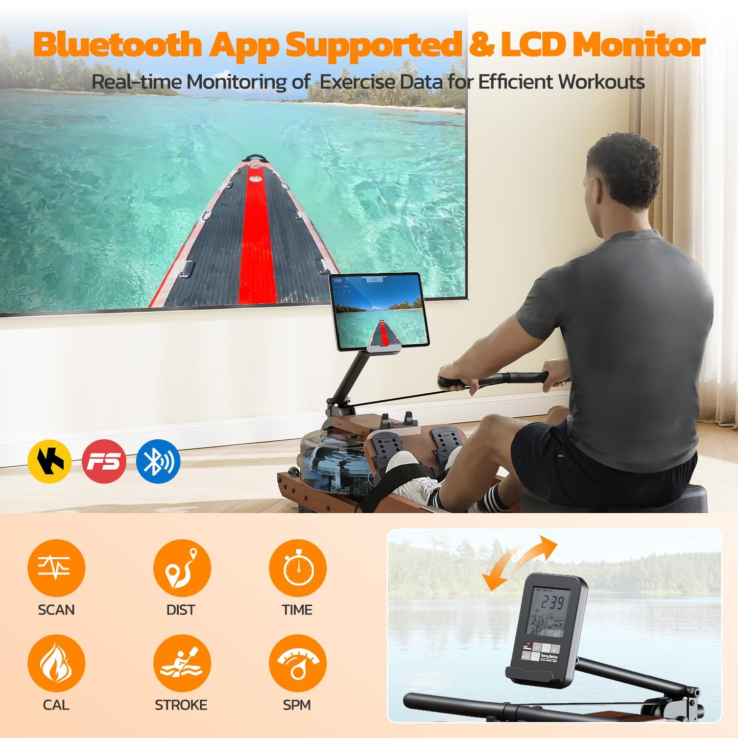 Dripex Rowing Machines for Home Foldable, Water Rowing Machine Max 400 LBS, Rower with Smooth Slide Rail, Comfortable Seat,Bluetooth App Supported,LCD Monitor, Wooden Row Machine for Home Gym Exercise