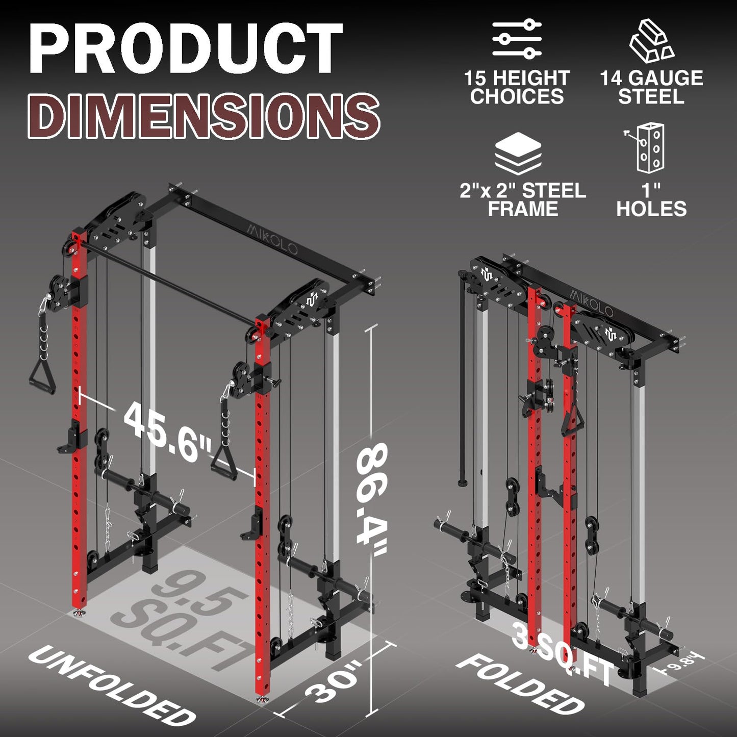 Mikolo Folding Squat Rack, Wall Mounted Power Rack with Cable Crossover Machine & LAT Pull Down, Functional Trainer with 5 Adjustable Function Modes, for Home Gym and Space Saving(Red)