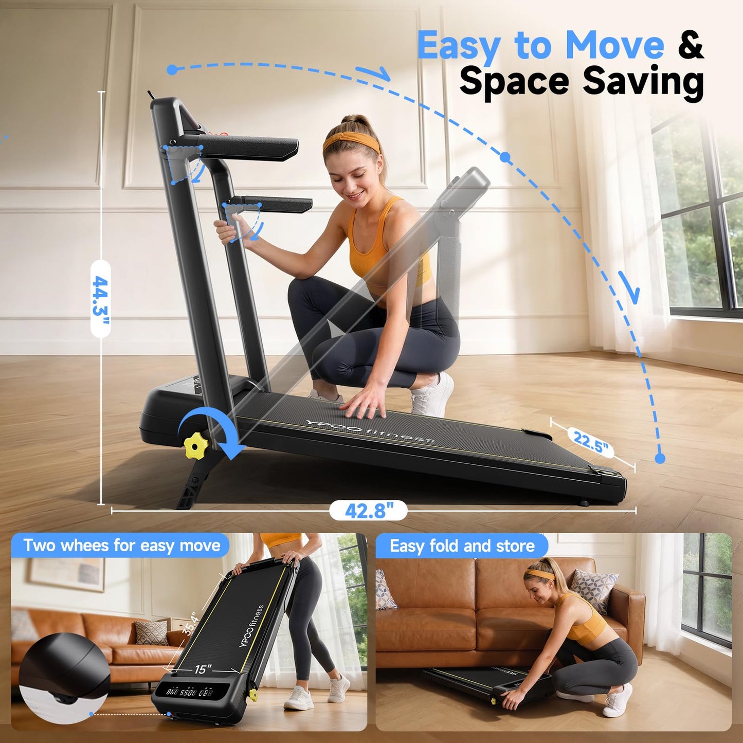 2.5HP Treadmill with Safety Side Handrails and 3 Incline Levels, Smart Fitness Equipment with APP & LED Display & Remote Control for Display for Home Office