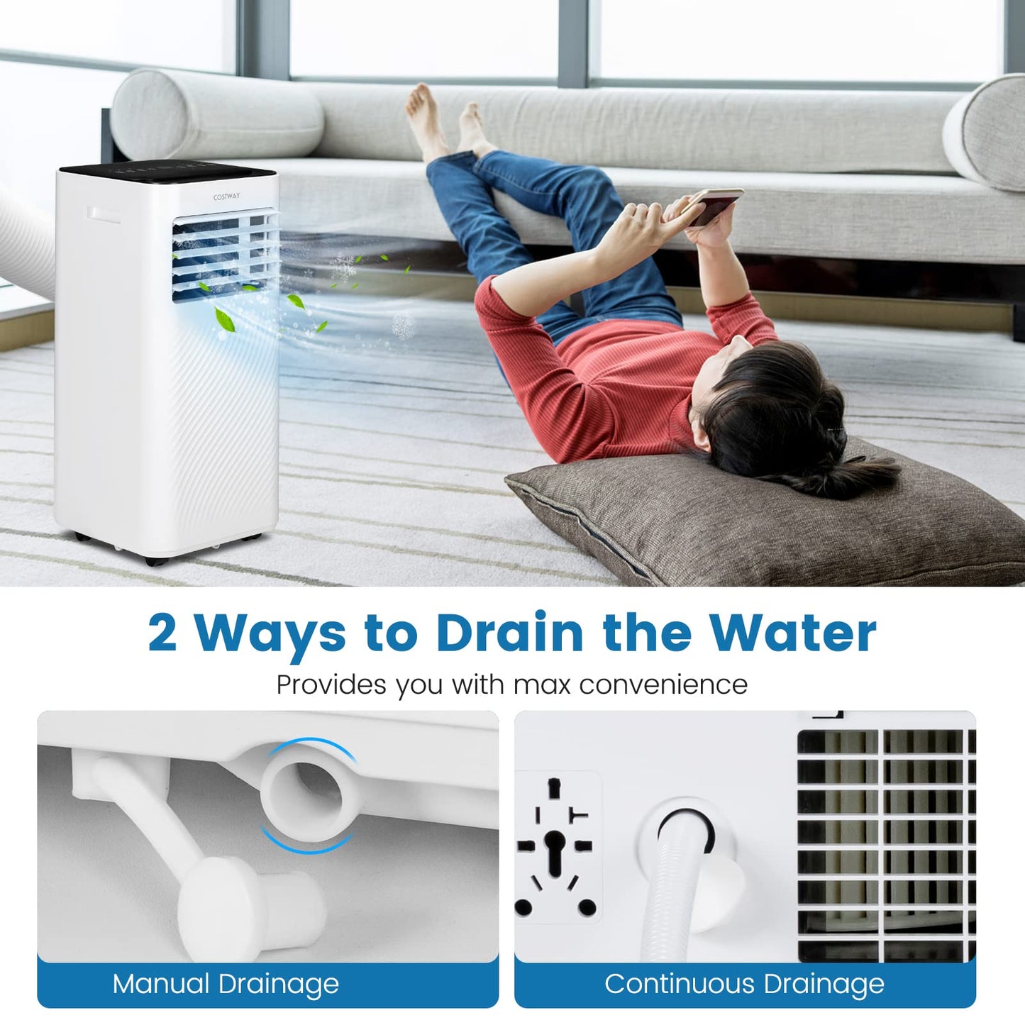 COSTWAY Portable Air Conditioner, 10000 BTU AC Unit with Cool, Fan, Dehumidifier & Sleep Mode for Rooms up to 350 Sq.Ft, with 24H Timer, Child Lock, Remote Control & Window Kit (White and Black)