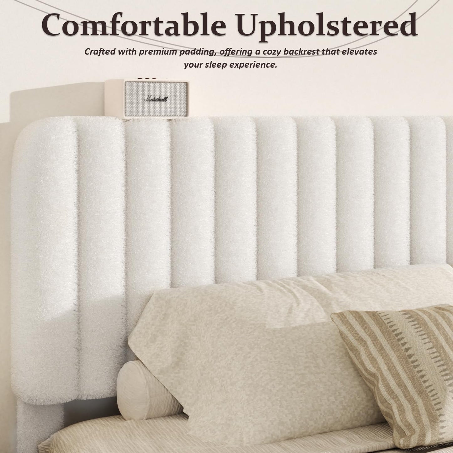 Konprosp King Size Cloud Bed Frame, Upholstered Boucle Platform Bed with Round Corner Adjustable Headboard, Modern Style, No Box Spring Needed, Never Squeak, Easy Assembly, White