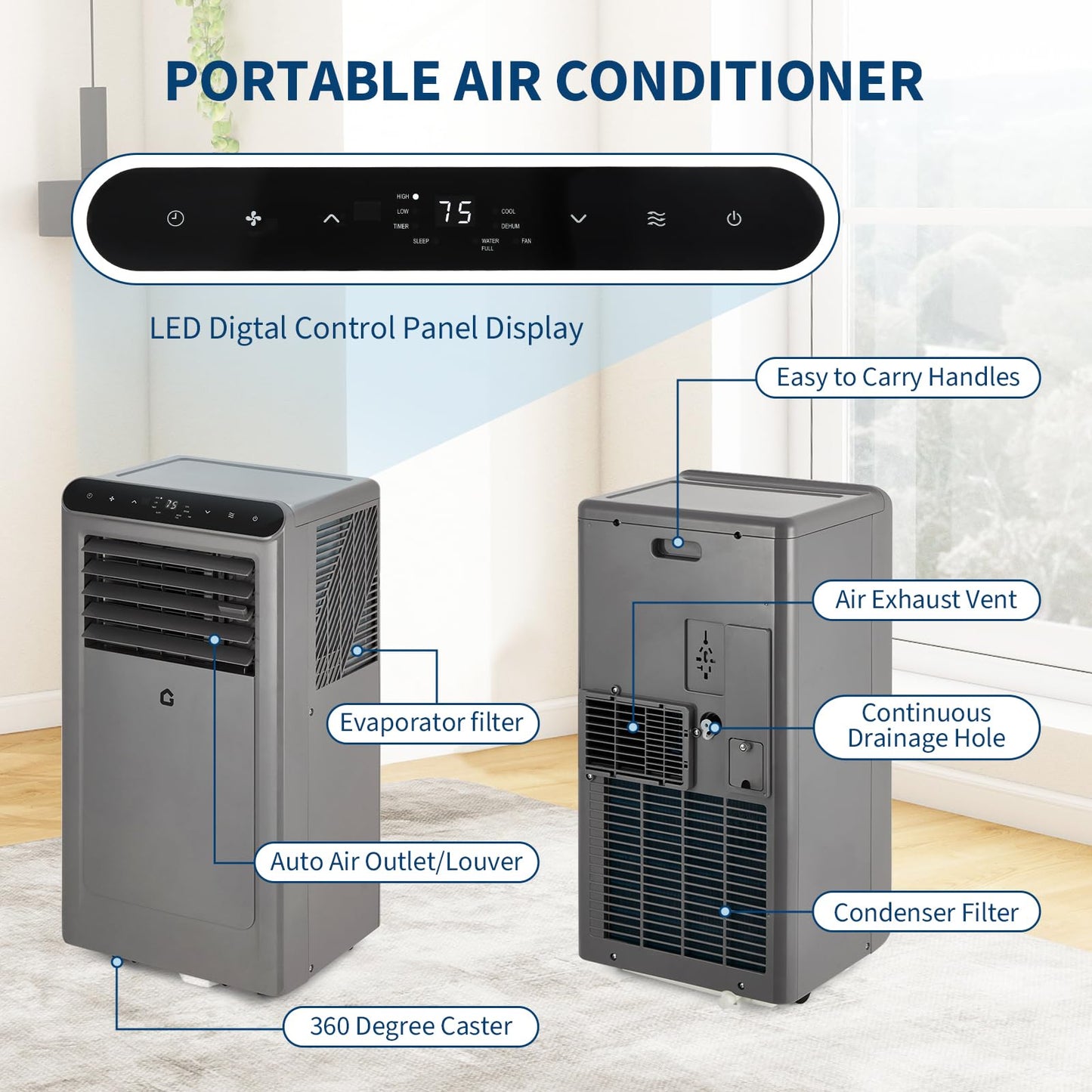 2025 New Model Portable Air Conditioner, 8000 BTU Air Conditioner Cool Up to 350 Sq.Ft, 3-in-1 AC Unit, Dehumidifier, Fan, Window Installation Kit & Remote Control,LED Display,24Hrs Timer for Home