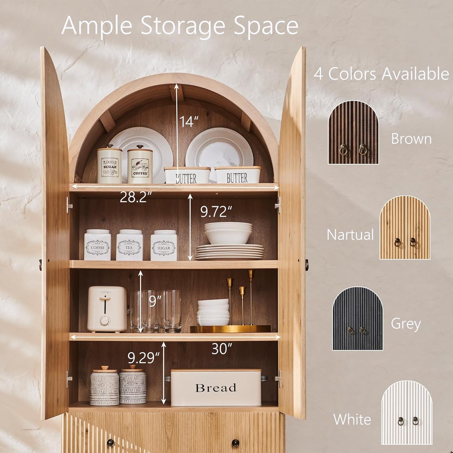 IFGET Fluted Arched Pantry Cabinet, 71" Tall Kitchen Storage Pantry Cabinet with Adjustable Shelves and 2 Large Drawers, Freestanding Morden Versatile Cupboard for Living Room, Bathroom, Natrual