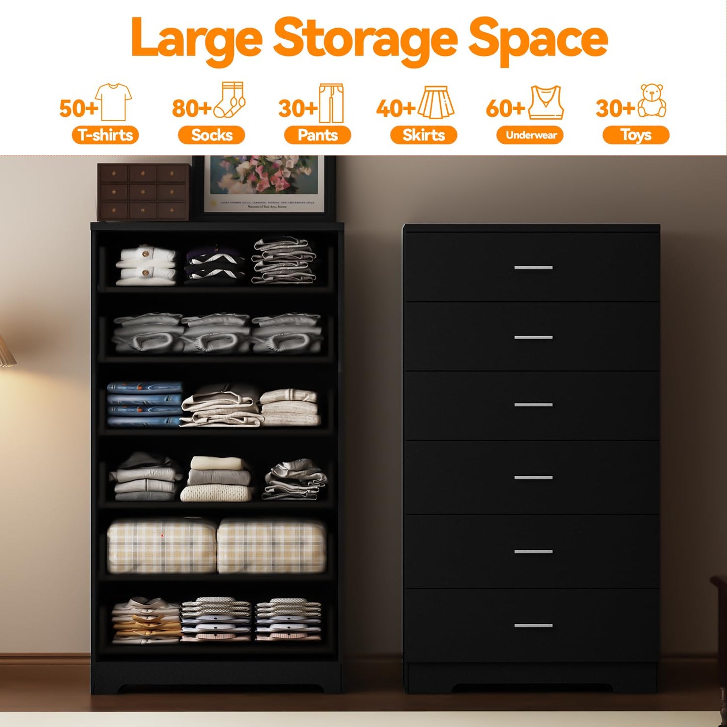 AXCIGOC 48" Tall Dresser for Bedroom Chest of Drawers with Power Outlets Wood 6 Drawers Dresser with Large Storage Space and Metal Handles Modern Closet Storage Drawer for Living Room Hallway Black