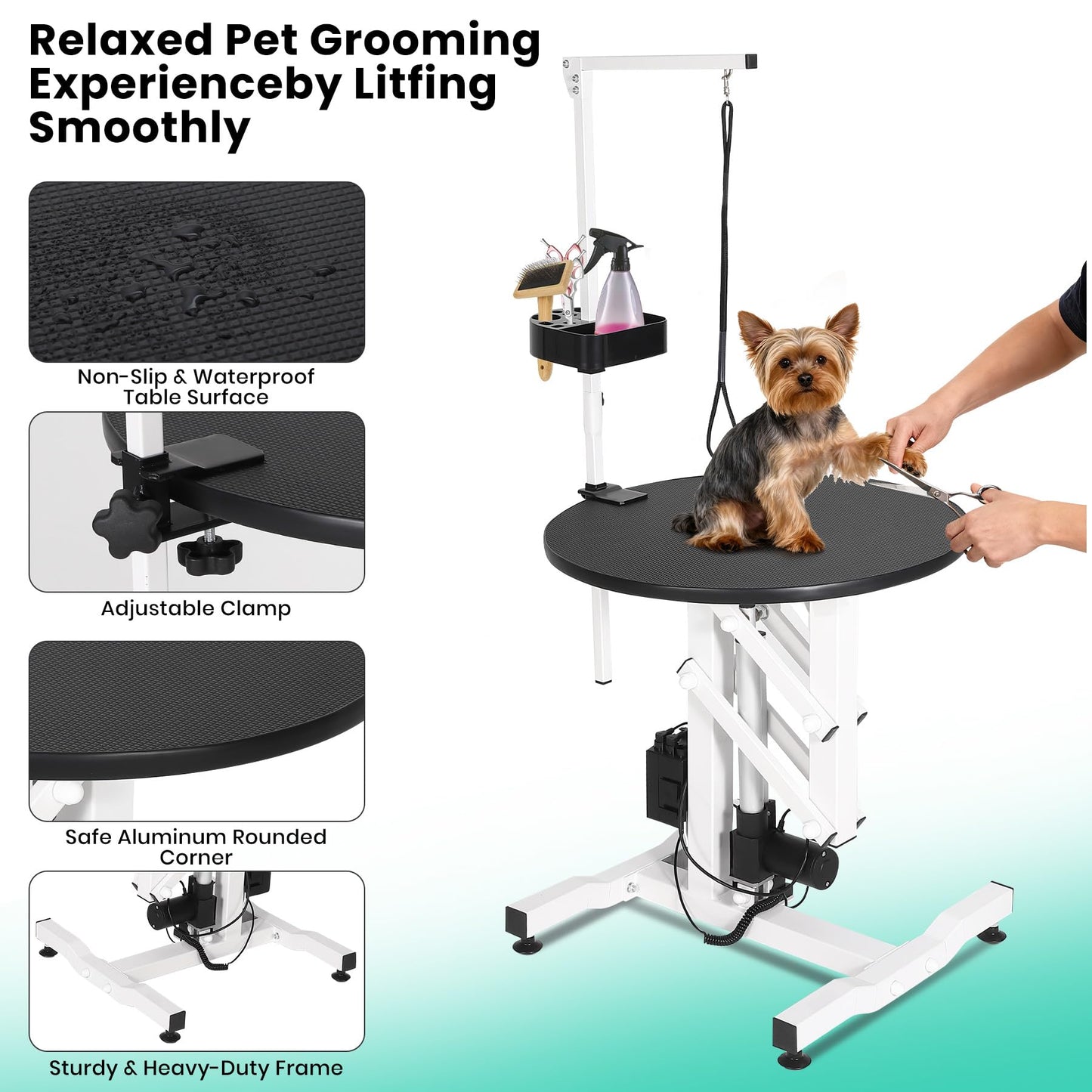 24 Inch Electric Dog Grooming Table, Rotating Grooming Desktop for Small Pet, with Overhead Arm, Foot Remote, Tool Organizer, Capacity 250LBS