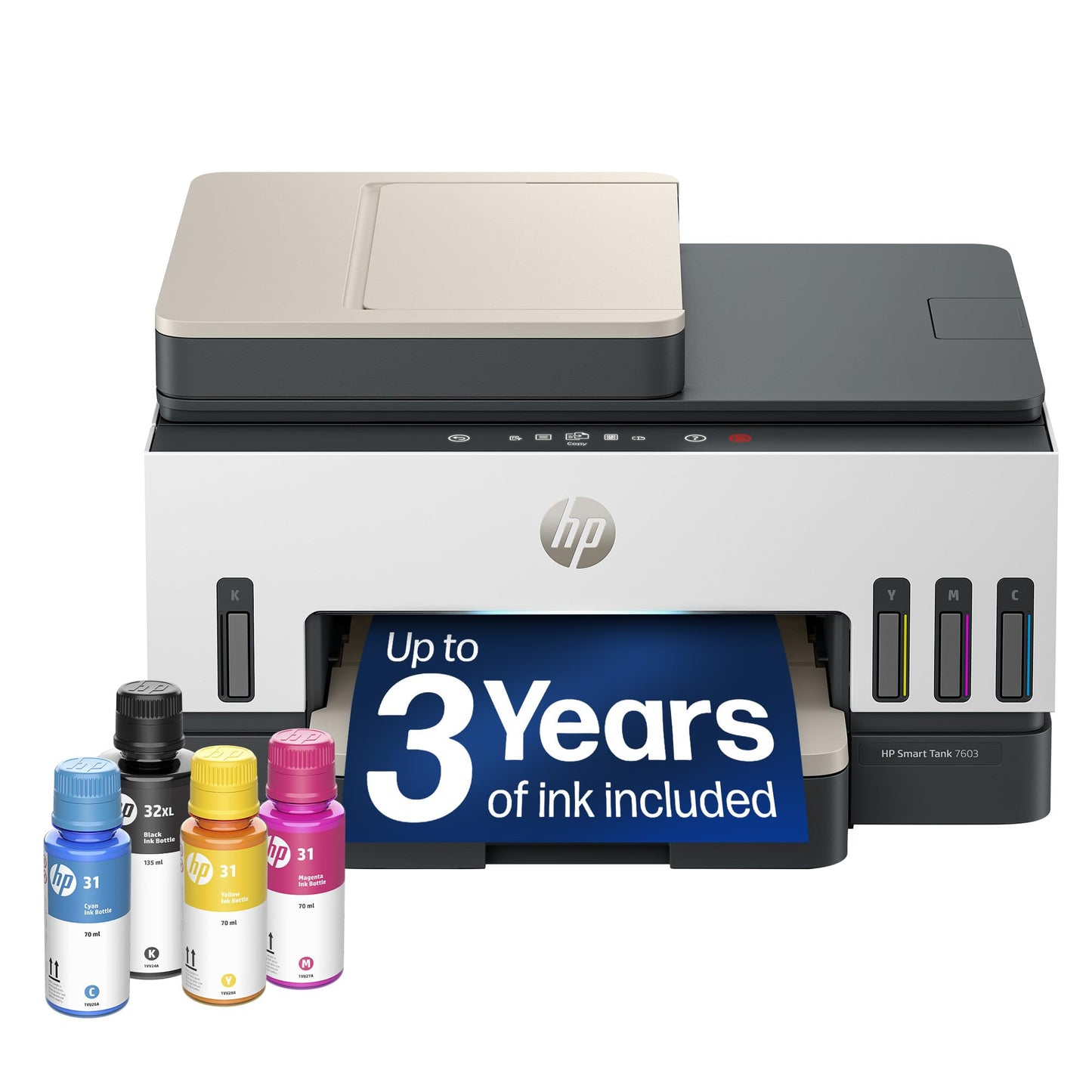 HP Smart Tank 7603 Wireless All-in-One Ink Tank Printer, Scanner, Copier with up to 3 Years of Ink Included, Best-for-Home Office, Cartridge-Free Refillable, AI-Capable (9B5D1A)