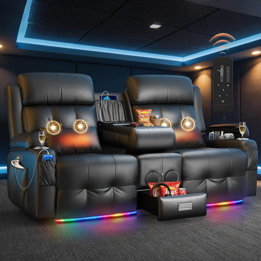 Aotolo Power Reclining Loveseat Sofa with Console, Wall Hugger RV Recliner Couch, Home Theater Seating with Heating & Massage, Bluetooth Speaker, LED Light, USB & Type-C Ports, Storage Armrests