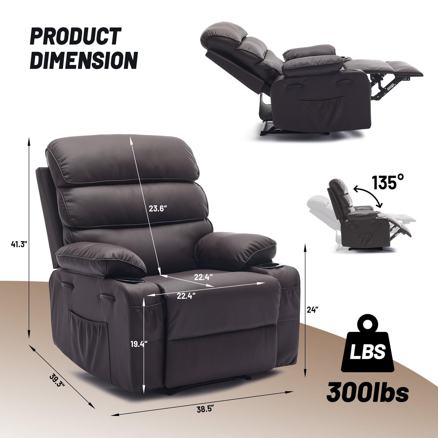 Garvee PU Leather Manual Recliner Chair with Massage and Heat, 27" Extra Wide Seat, 400 lbs Capacity, Thickened Sponge Armrests and Back, Cup Holders & Side Pocket, Living Room or Bedroom, Dark Brown