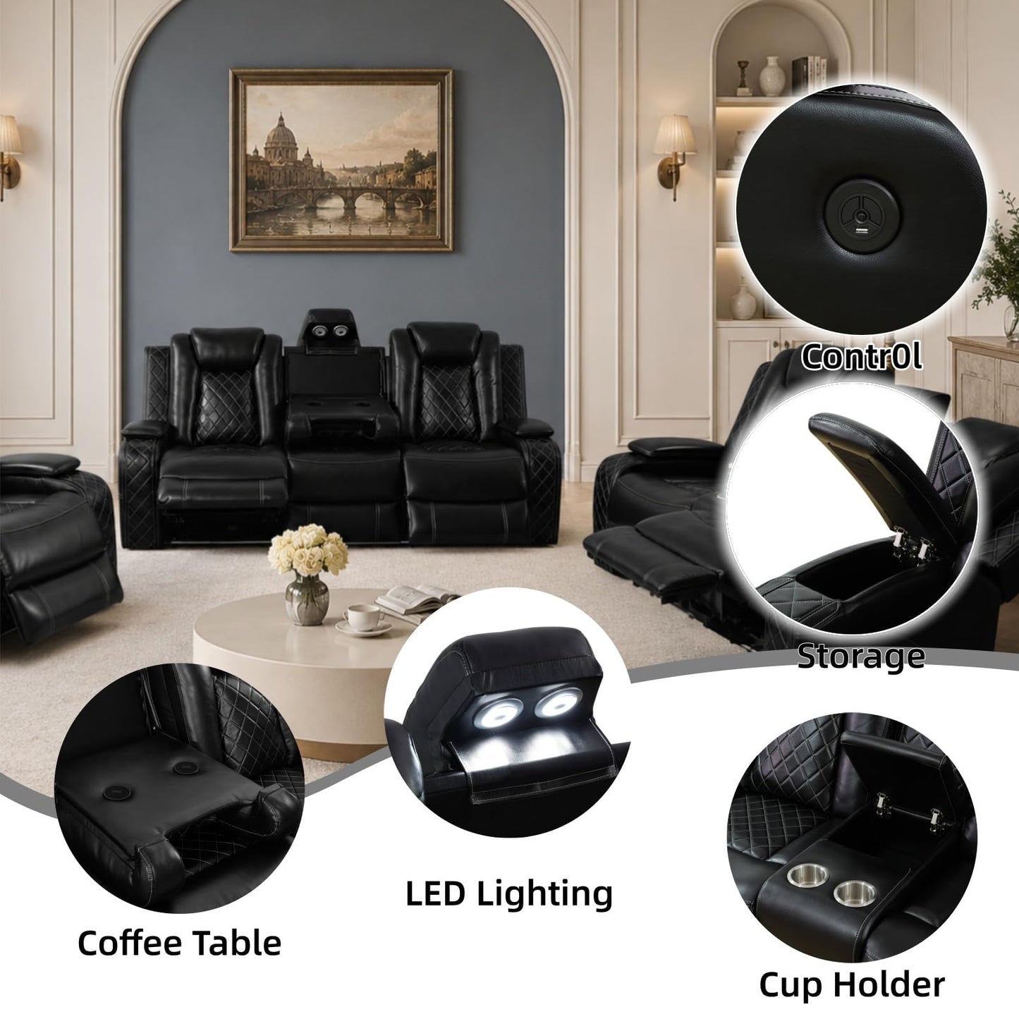 Trygoal Recliner Sofa Set, Breathing Leather 3-Piece Reclining Couch Set with Wireless Charger & LED Ambient Lighting, Home Theater Seating with Storage & Cup Holders, Movie Night Couch, Black