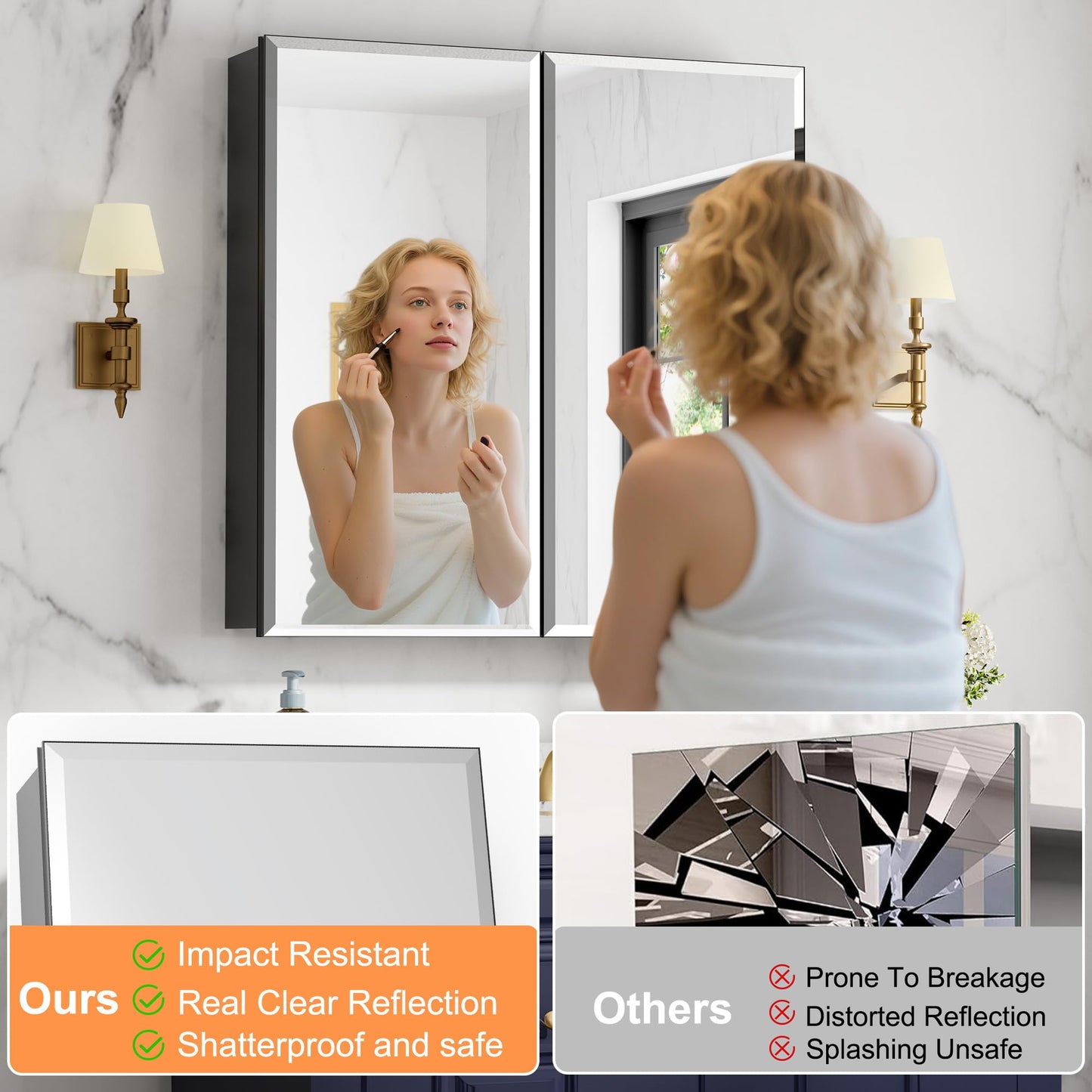 Keazile 30x30 Inch Medicine Cabinet with Mirror, Aluminum Bathroom Mirror Cabinet, Beveled Edge Mirrored Double Door, Adjustable Shelves, Surface or Recessed Mount Mirrors with Storage,Black