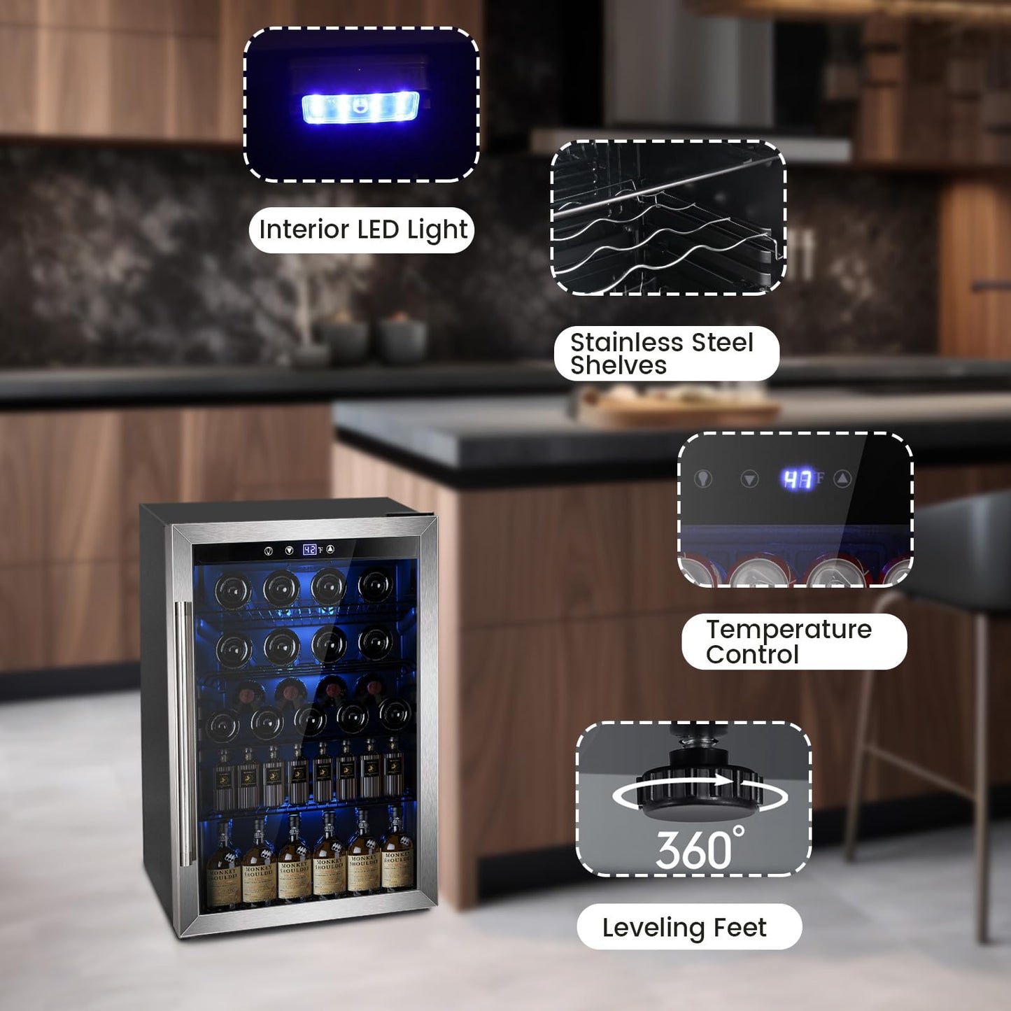 Electactic 145 Can Beverage Refrigerator, 37 Bottle Wine Fridge with Smart Temperature Control, 4.4 CU FT Quiet Freestanding Mini Fridge with Child Lock Panel for Family Restaurant Bar