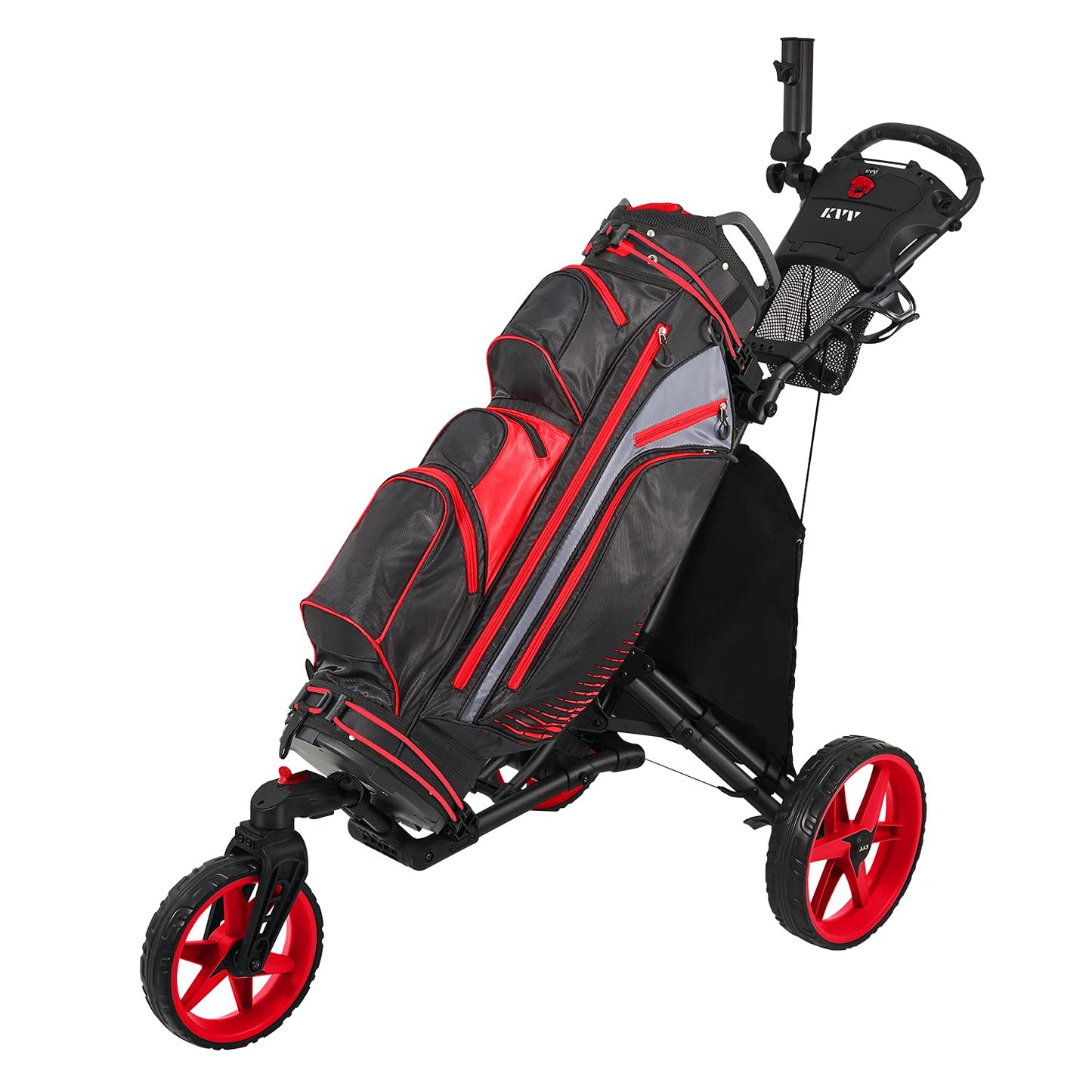 KVV 3 Wheel 360 Rotating Front Wheel Foldable/Collapsible Golf Push Cart with Foot Brake Open and Close in ONE Second-Free Umbrella Holder Included(Black/Red)