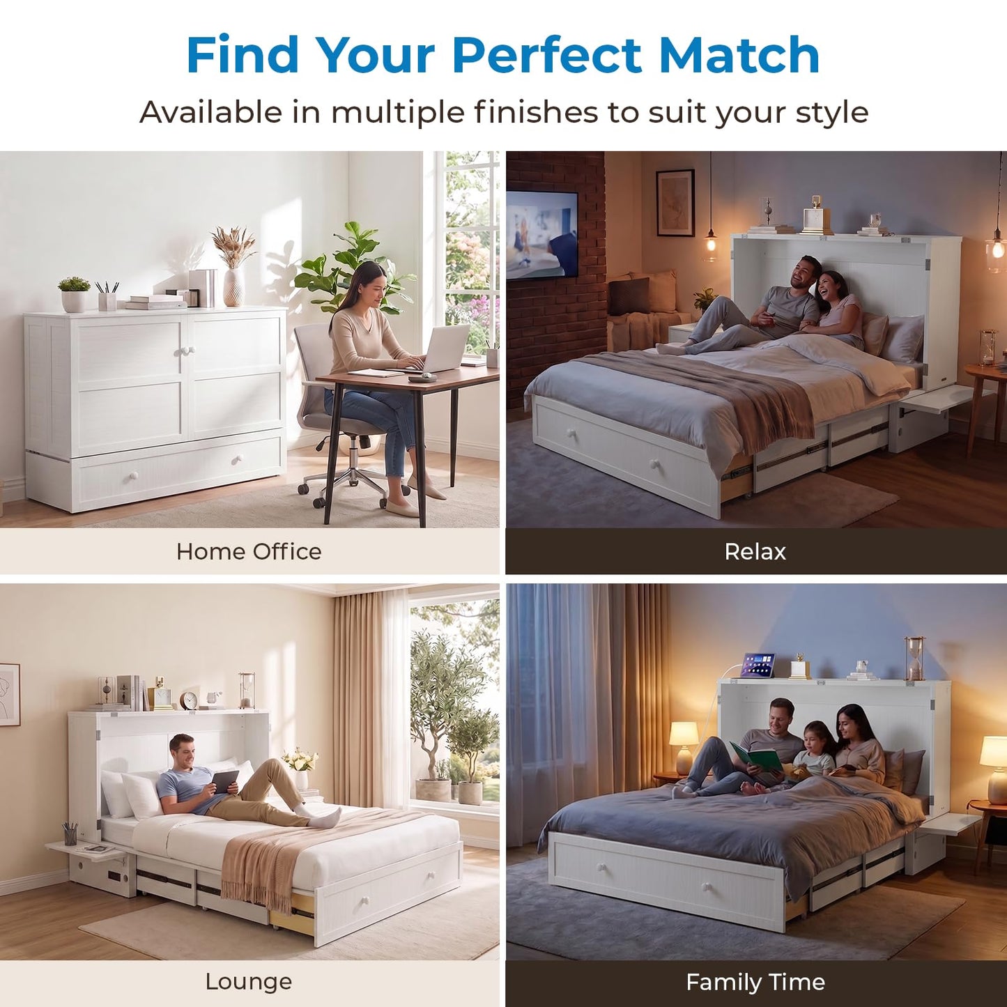 Mjkone Murphy Bed Cabinet Queen with Tri-Fold Mattress Included & USB Charging Station, Modern Versatile Solid Wood Chest Cabinet Wall Bed with Drawers, Adult Guest Beds for Apartment Bedroom - White