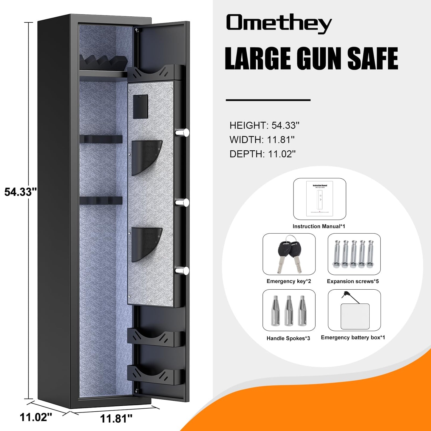 Omethey Fireproof Gun Safe, 5 Gun Heavy Biometric Fingerprint Rifle Safe, Gun Safes for Home Rifle and Pistols with LCD Screen Keypad and Silent Mode, 3 Adjustable Gun Slots