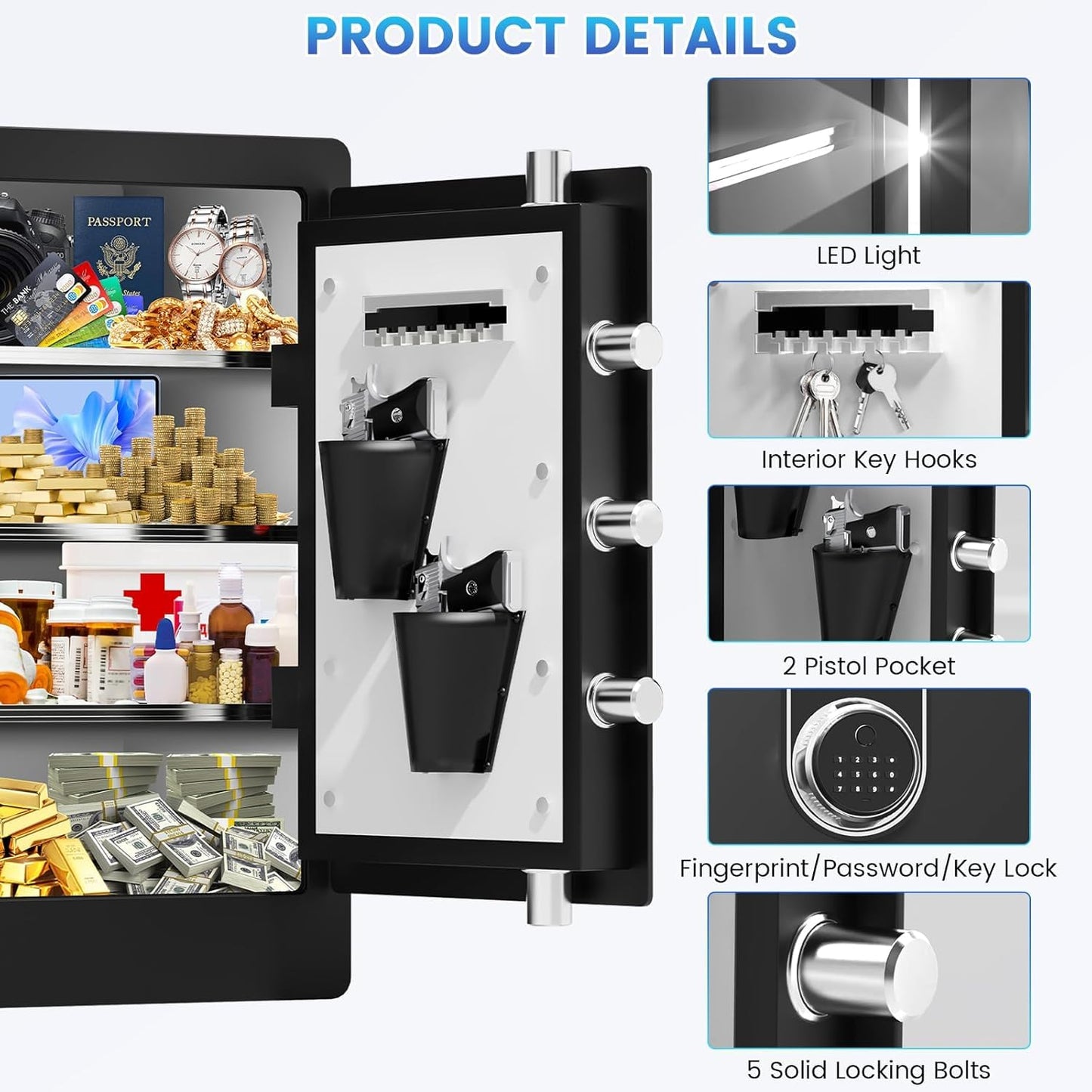 23.62'' Tall Large Biometric Fireproof Safe, Heavy Duty Quick-Access Fingerprint Safe Box with Fireproof Document Bag, 3 Removable Shelves, Dual Alert, Security Digital Safes for Home Office Use