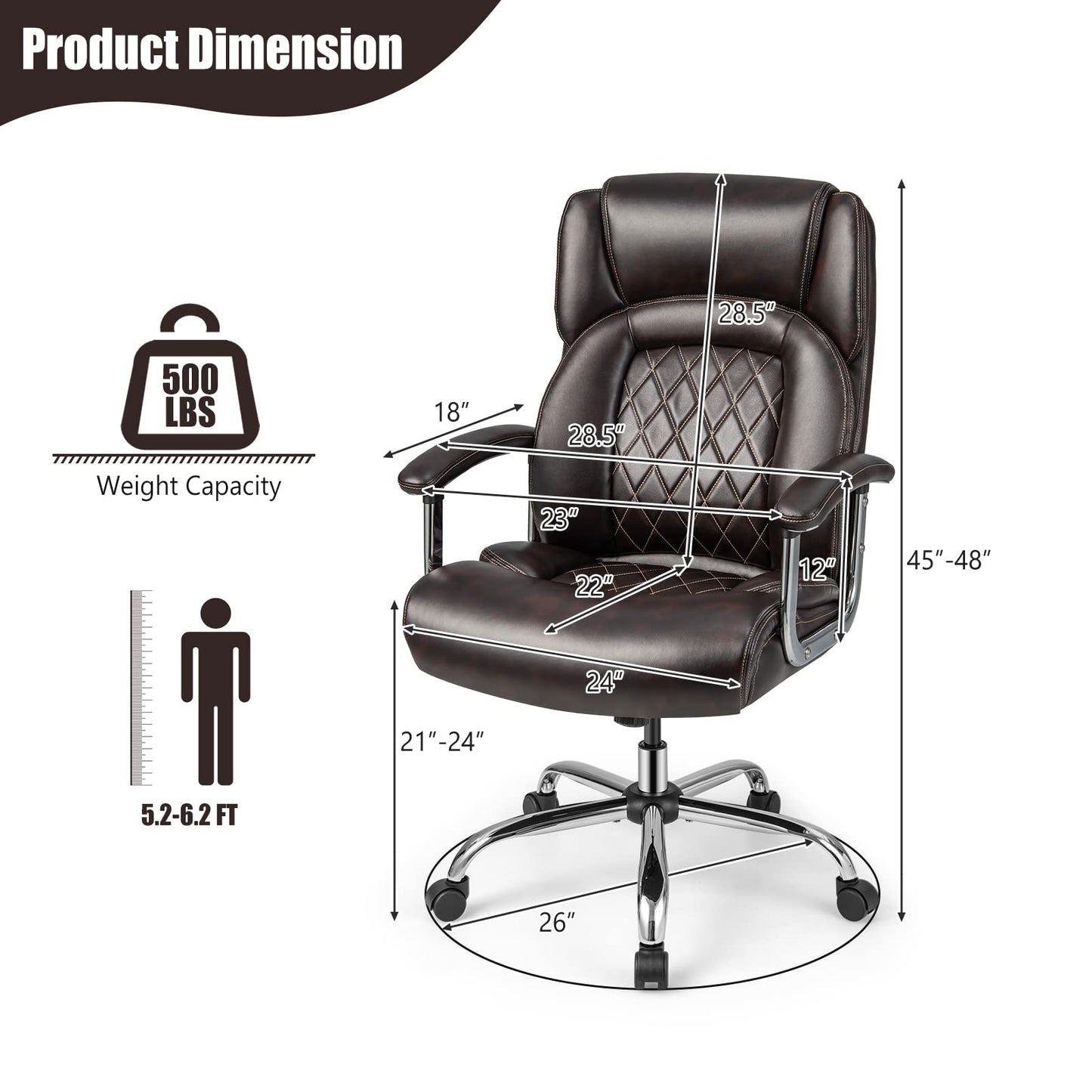 Giantex Big and Tall Office Chair 500 LBS, High Back Executive Office Chair for Heavy People, Adjustable Swivel Desk Chair, PU Leather Computer Chair with Extra Wide Seat for Home Office, Brown