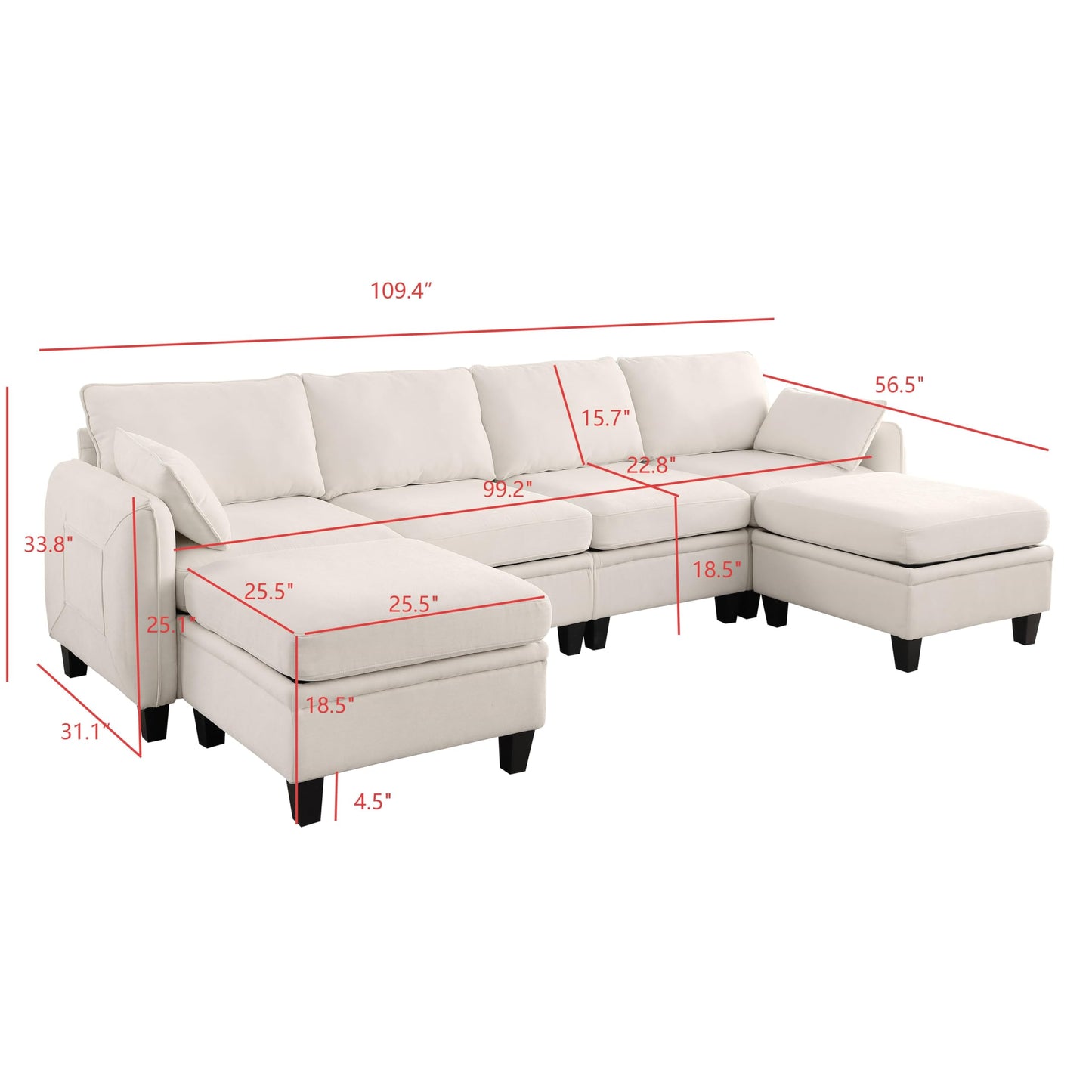 KEIKI 109 Inch Chenille Sectional Sofa Set, Modern U-Shaped Sleeper Cloud Couch with Storage Pockets & Ottoman, 6-Seater Modular Sofa Couches Bed for Apartment Living Room Lounge, Easy Assembly, Black