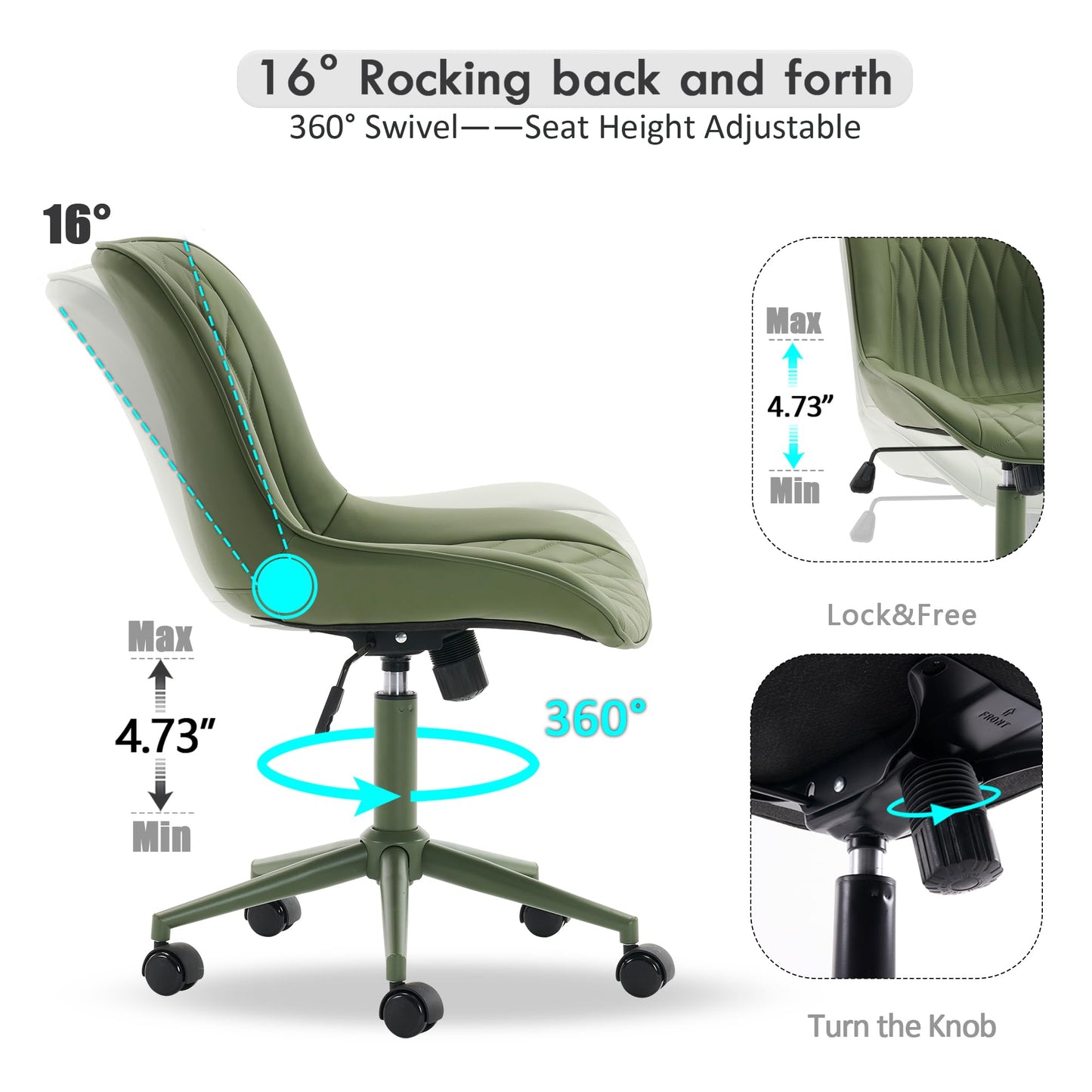 YOUNIKE Olive Green Faux Leather Ergonomic Office Chair Armless Comfy Desk Chair with Rocking Back Cute Swivel Vanity Chair with Wheels Height Adjustable Small Computer Task Chair for Sewing Drafting