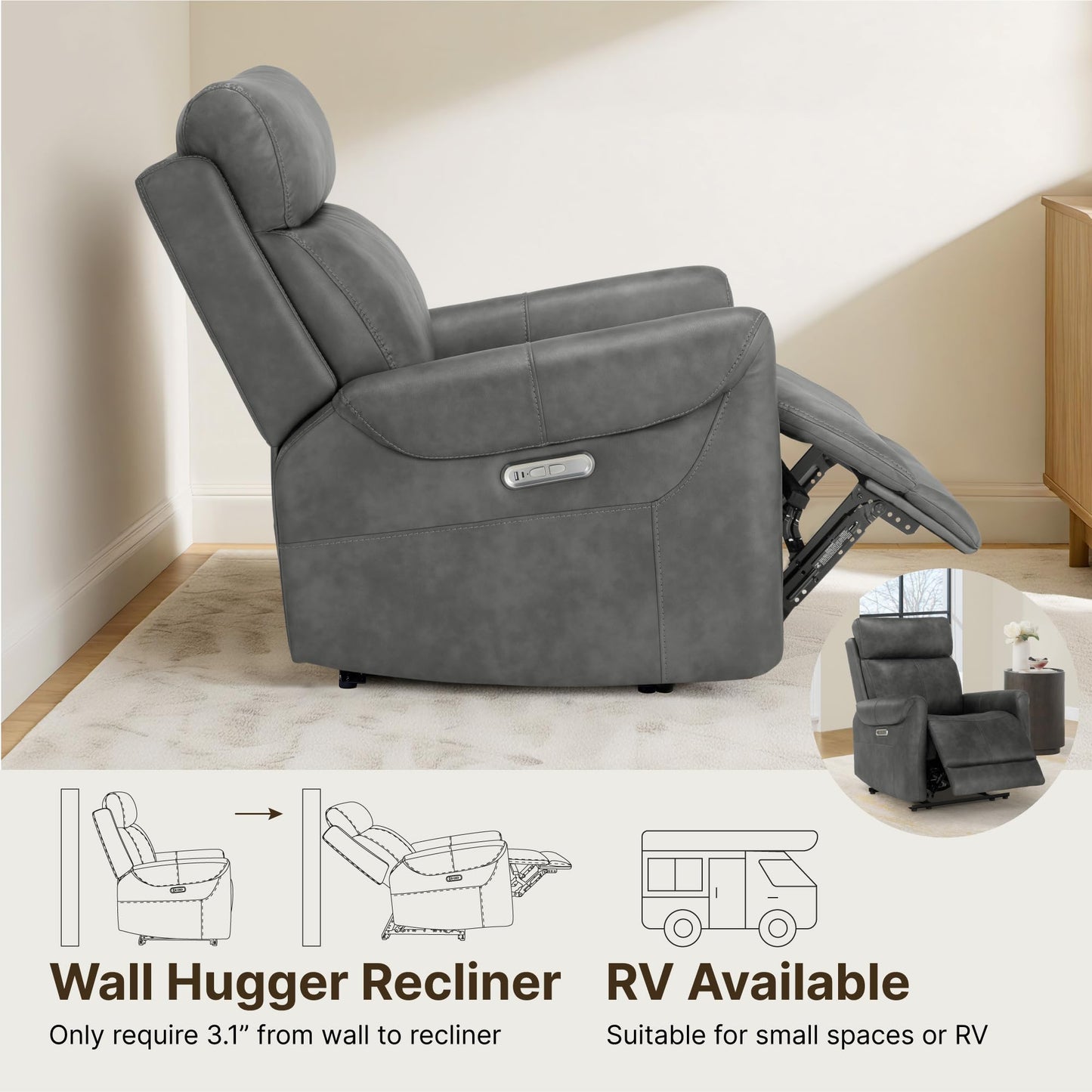 KISLOT Leather Recliner Chair for Adults Wall Hugger RV Recliner with USB Charging Ports Electric Power Reclining Sofa for Living Room Home Theater Seating Bedroom