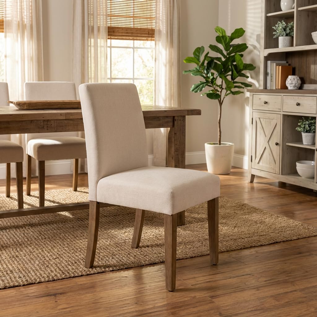 YOUNIKE Upholstered Fabric Dining Chairs Set of 2 High Back Mid-Century Modern Kitchen Dining Chairs with 4.7" Padded Cushion Solid Wood Legs Armless Design for Dining/Waiting Room Bedroom Beige