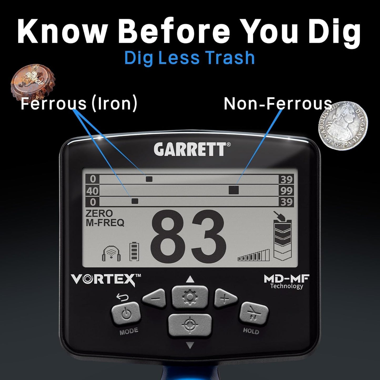Garrett Vortex VX9 - Made in the USA - Metal Detector for Adults - MD-MF Tech - Waterproof to 16 ft, 8.5” x 11” Searchcoil, 7 Frequency Options, Three-Tiered Target ID Scales - Weighs 2.9 Pounds