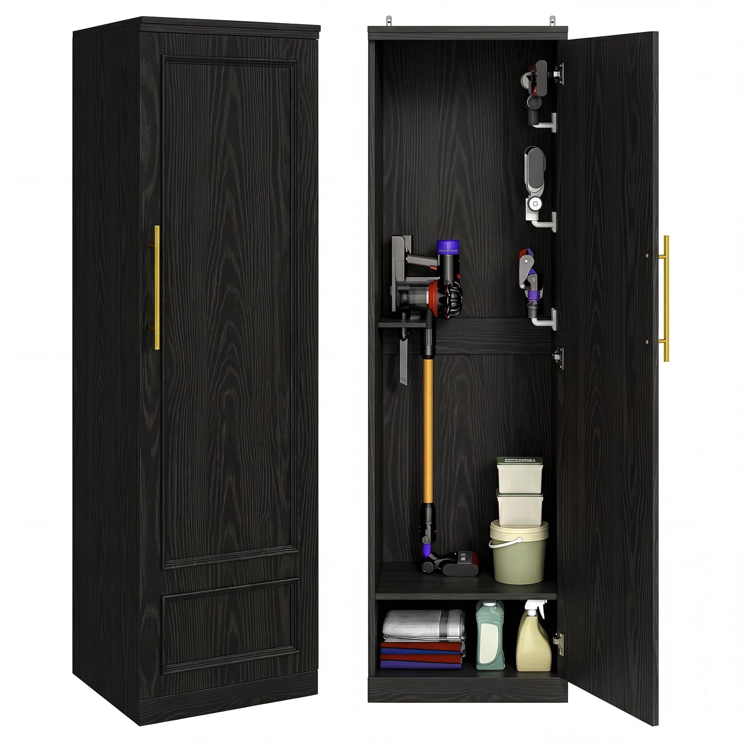 Homiflex Broom Closet Storage Cabinet, 65" H Slim Utility Closet with Door and Shelf, Tall Vacuum Storage Cabinet with Hooks for Cleaning Tool, Broom Closet Organizer for Bathroom, Garage, Black
