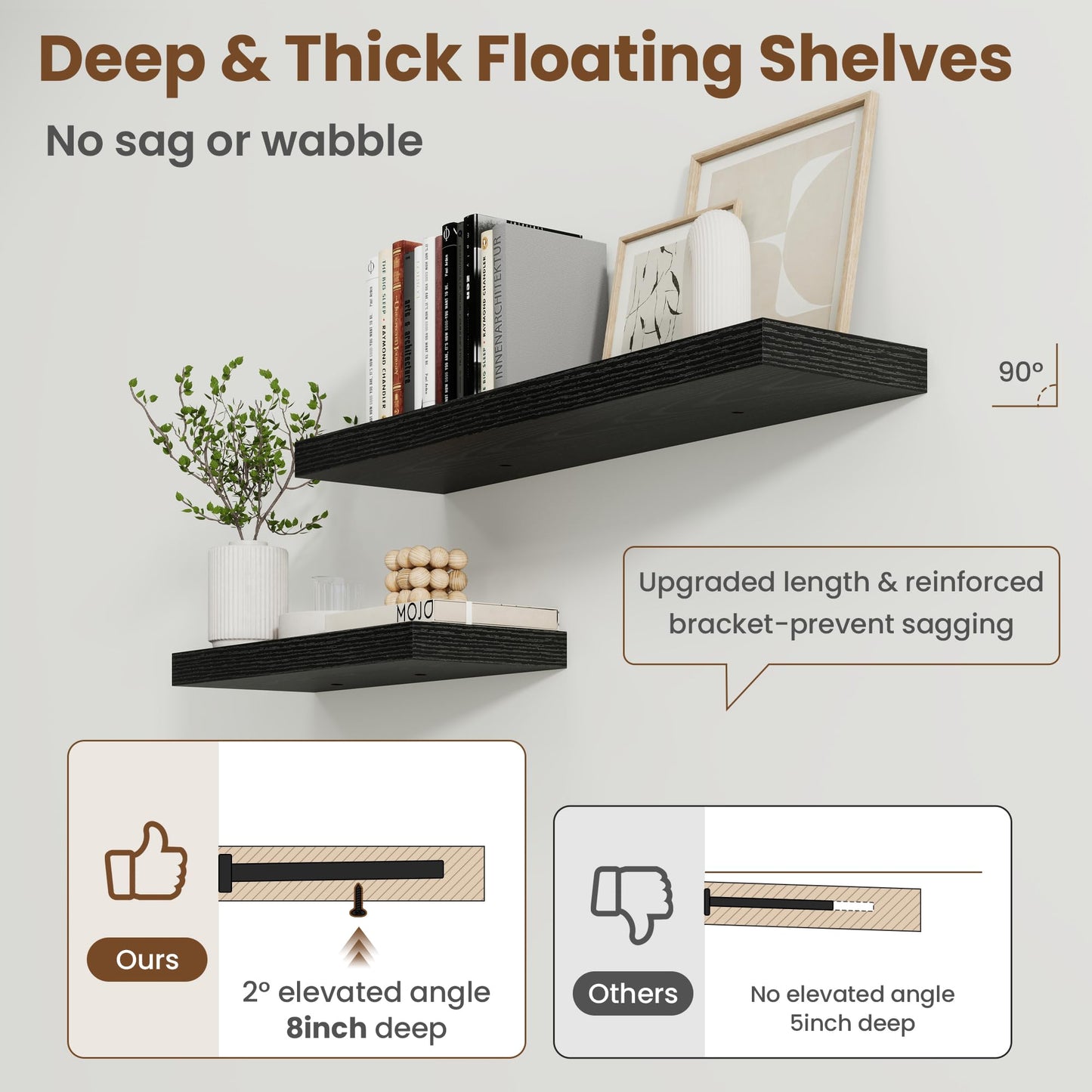 72 Inch Floating Shelves for Wall, 8 Inch Deep Floating Shelf for Storage & Display, Rustic Wall Mounted Shelf with Invisible Brackets for Living Room, Kitchen, Bathroom, Home Decor, Set of 2, Black