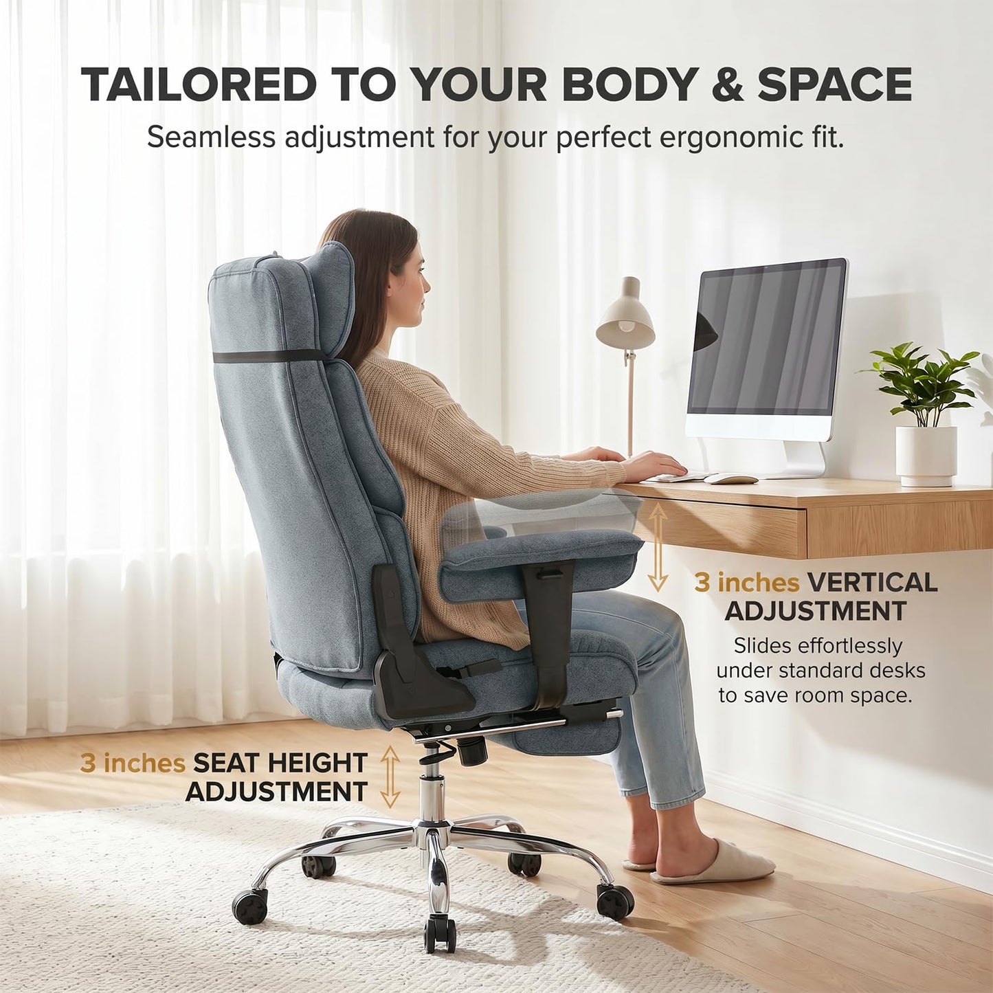 mokodo Ergonomic Office,Fabric Executive Desk Chair with Pocket Spring Cushion, 155° Reclining Computer Chair, Big and Tall Heavy Duty Seat with Adjustable Headrest & Lumbar Support (Dark Blue)