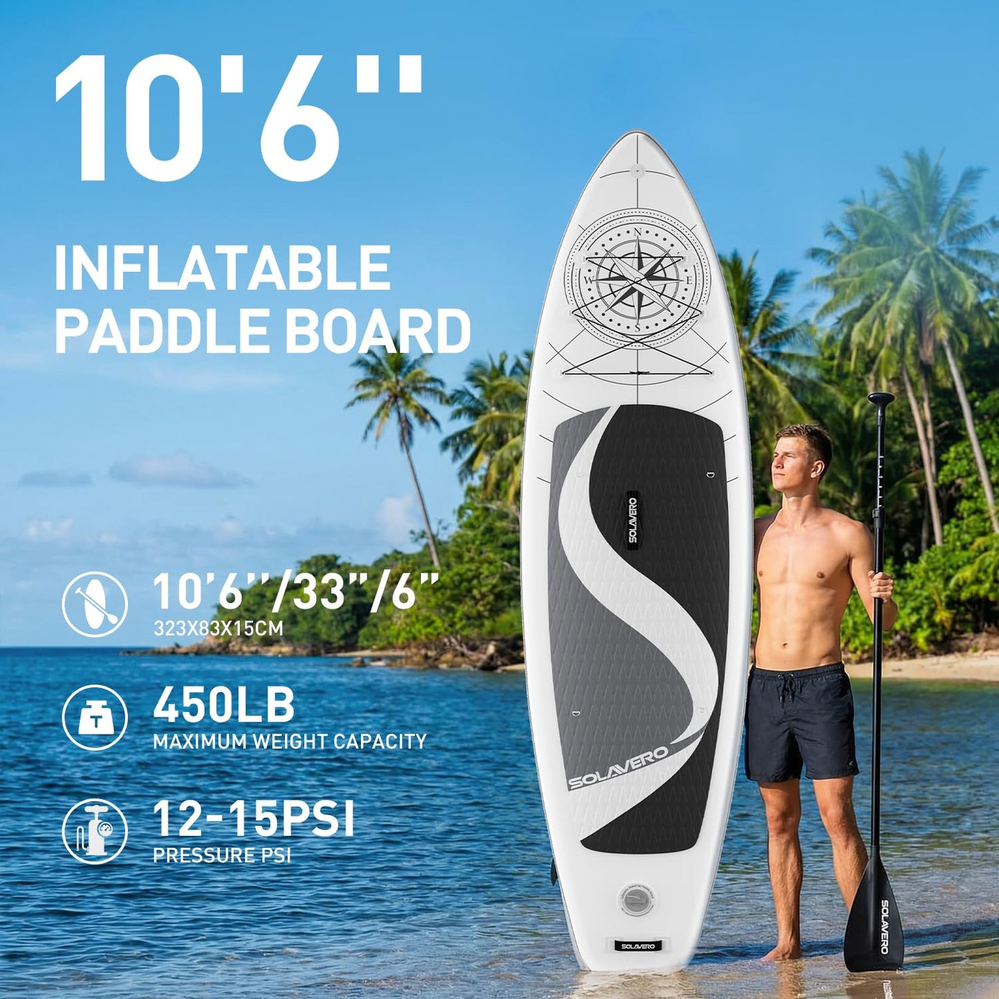 SOLAVERO 10'6'' Stand Up Inflatable Paddle Board with Premium SUP Accessories, Anti-Slip EVA Deck for Youth & Adults of All Skill Levels, Paddleboard for Fishing, Yoga & Surfing