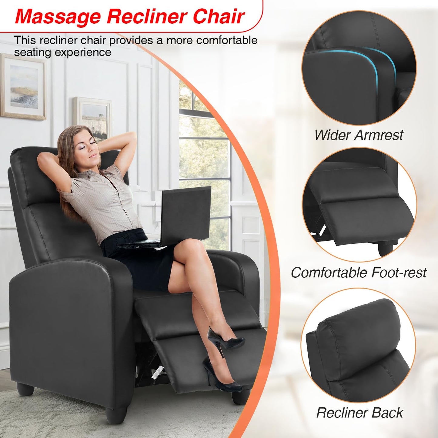 FDW Recliner Sofa Massage Chair Home Theater Seating with Lumbar Support and Padded Backrest for Living Room and Bedroom (Leather, Black)