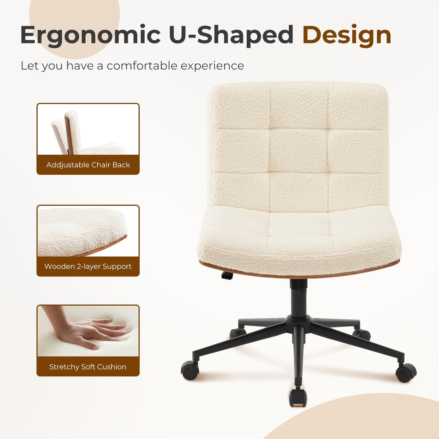 Furnimart Heavy-Duty FSC Wooden Wide Desk Chair, 360° Swivel Criss Cross Office Chair with Wheels, Comfy Cross Legged Sitting, Armless Rolling Chair for Bedroom, Office, Vanity (Faux Fur White)