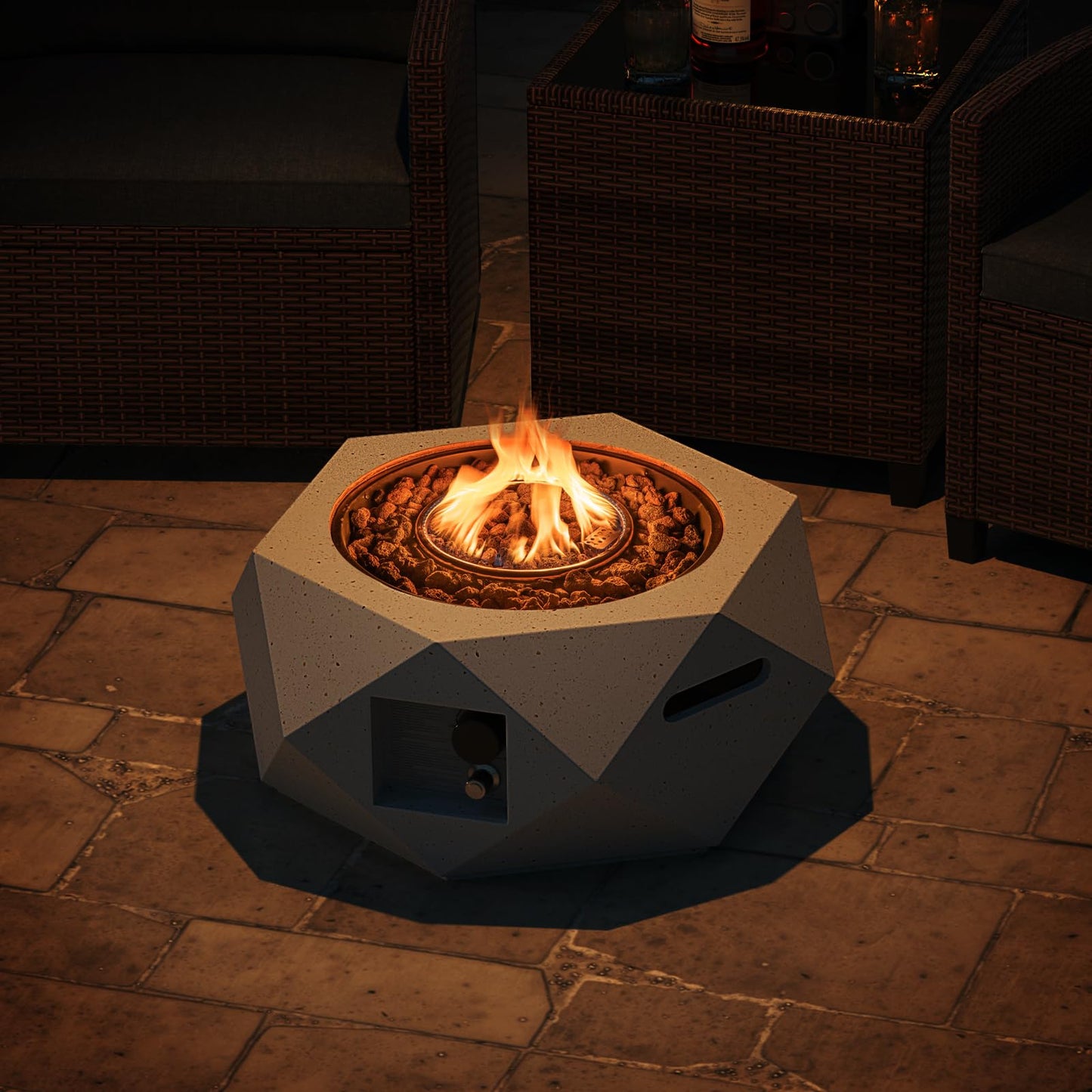 Tangkula Propane Fire Pit Table, 28” Hexagon Terrazzo Gas Fire Pit with Stainless Steel Burner & Lava Rocks, Protective Cover & Tank Seat Included, 40,000 BTU Smokeless Fire Pit for Outside Patio