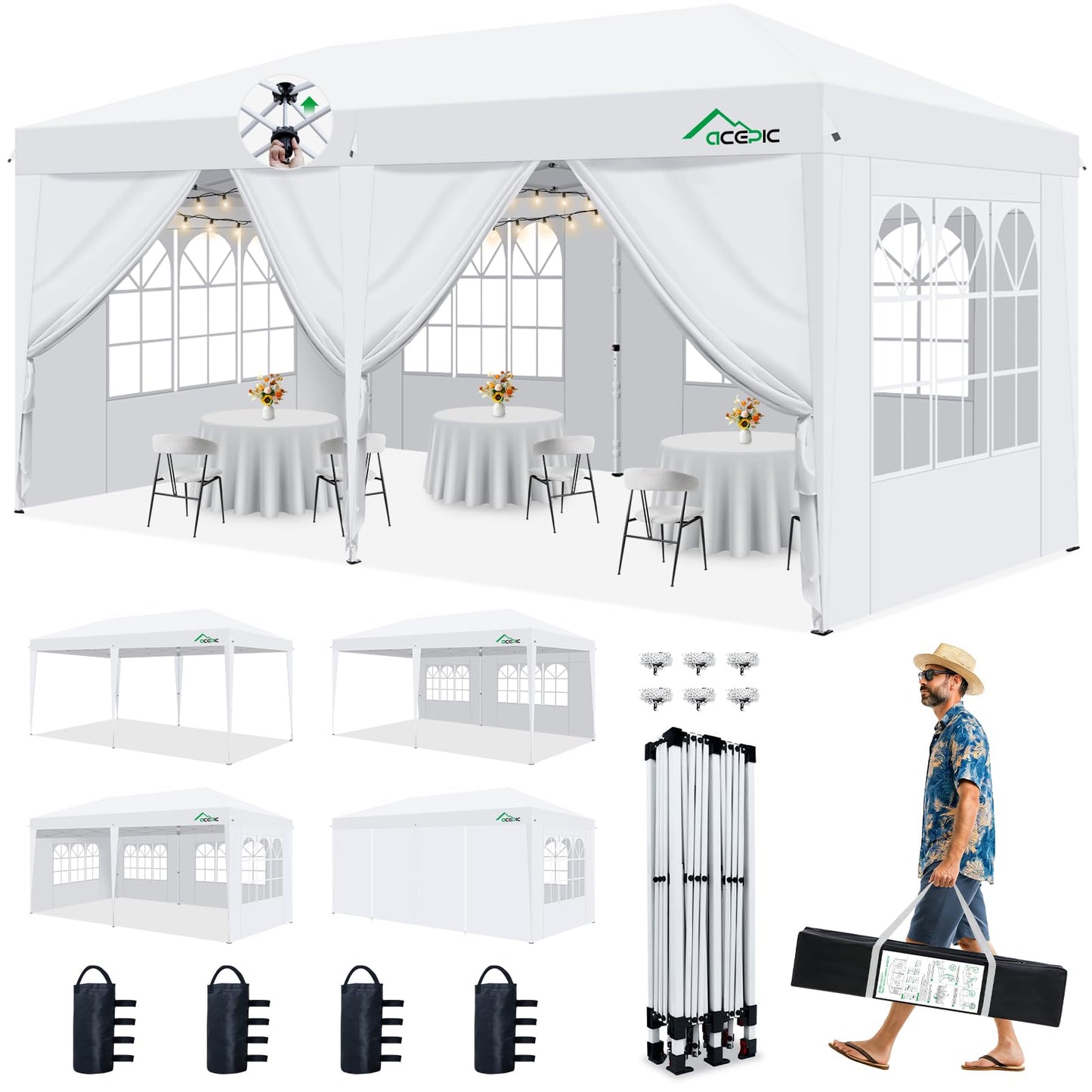 Acepic 10x20 Pop Up Canopy Tent with 6 Removable Sidewalls, One-Push Center Lock Design, Commercial Grade Waterproof Party Gazebo, UV Protection Outdoor Event Shelter with Church Windows, White